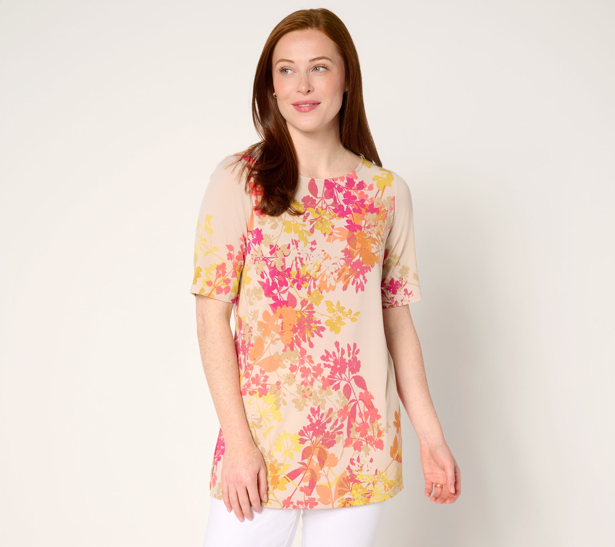 Susan Graver Petite Printed Liquid Knit Elbow Sleeve Bateau Neck Top