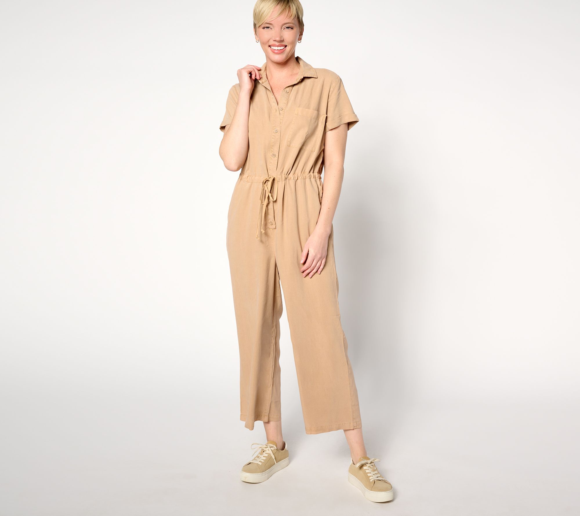 Side Stitch Short-Sleeve Wide-Leg Jumpsuit