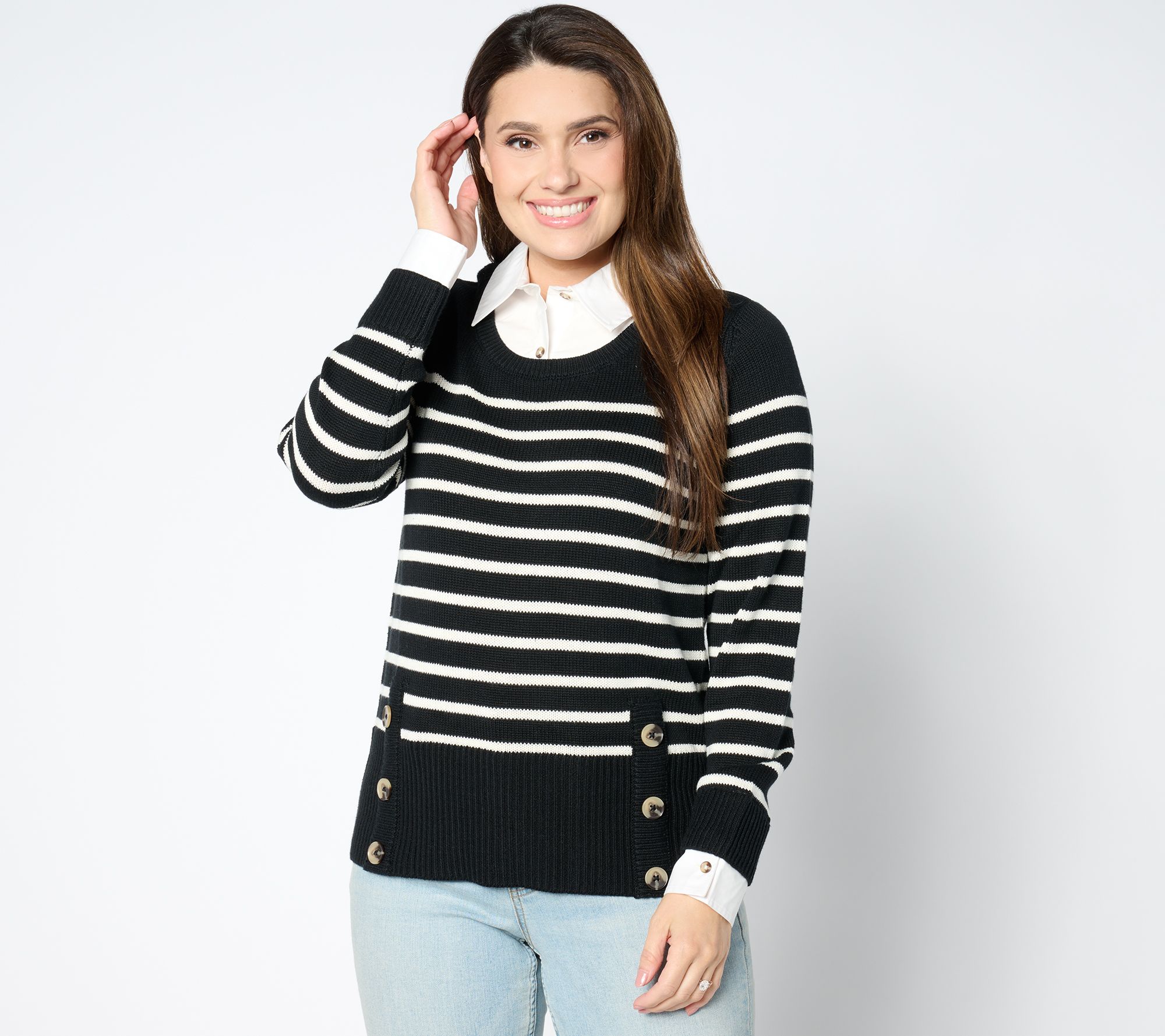 Joan Rivers Striped Sweater With Woven Collar And Cuffs