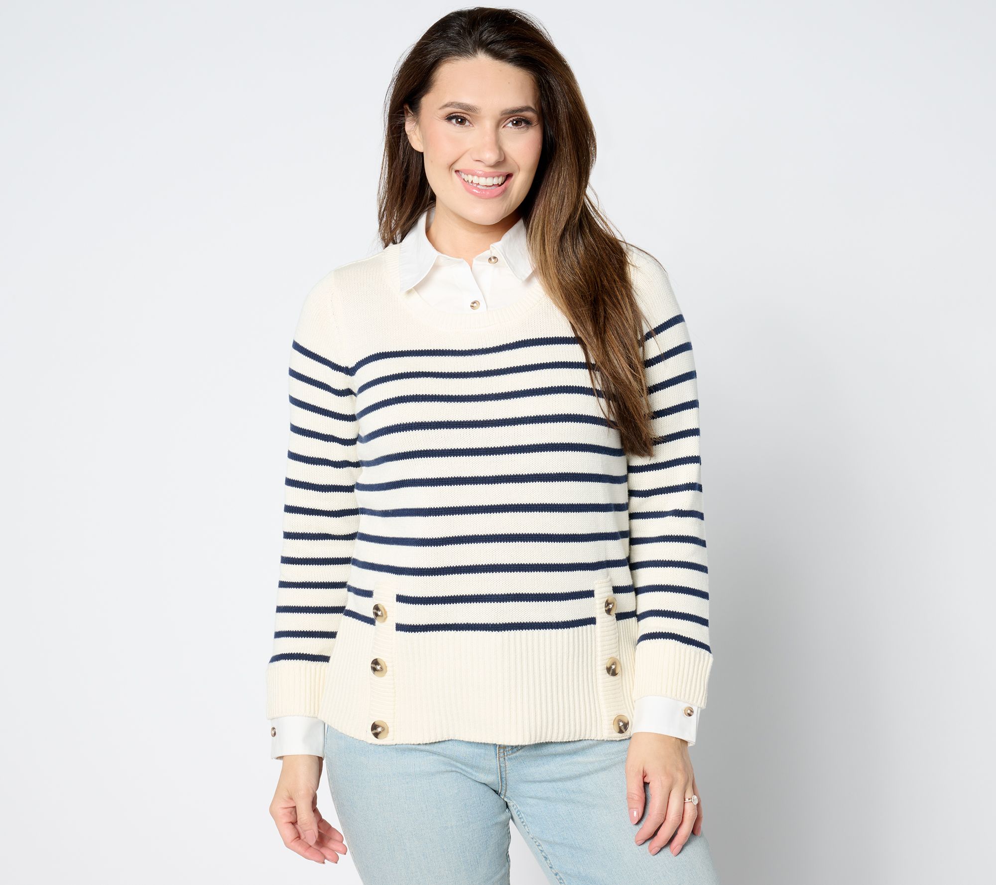 Joan Rivers Striped Sweater With Woven Collar And Cuffs