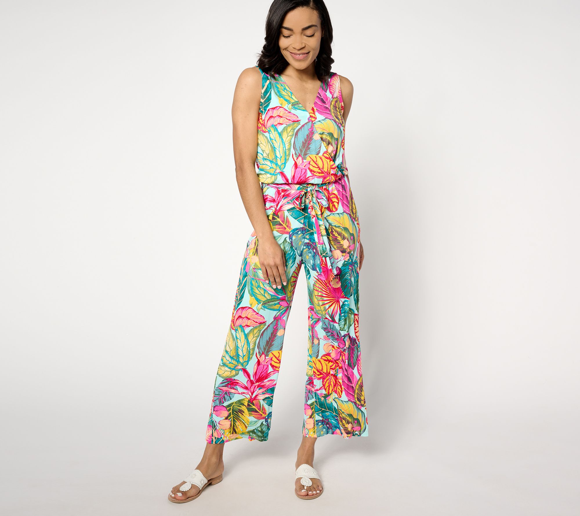 "As Is" Susan Graver Soleil Regular Printed Tie Waist Jumpsuit