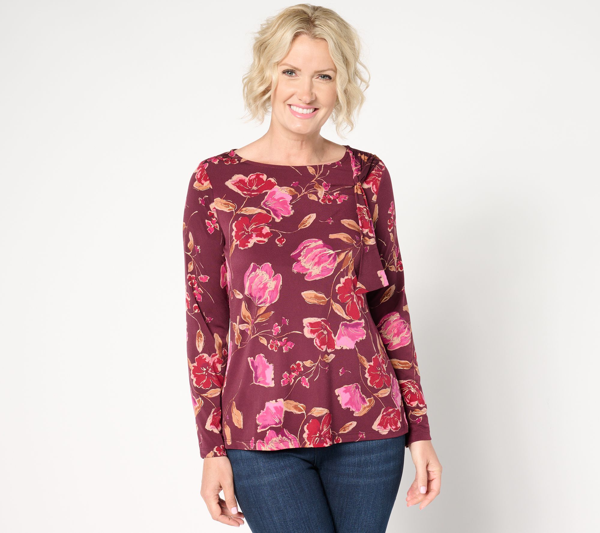 Susan Graver Foil Printed Liquid Knit Long Sleeve Top w/ Tie Detail