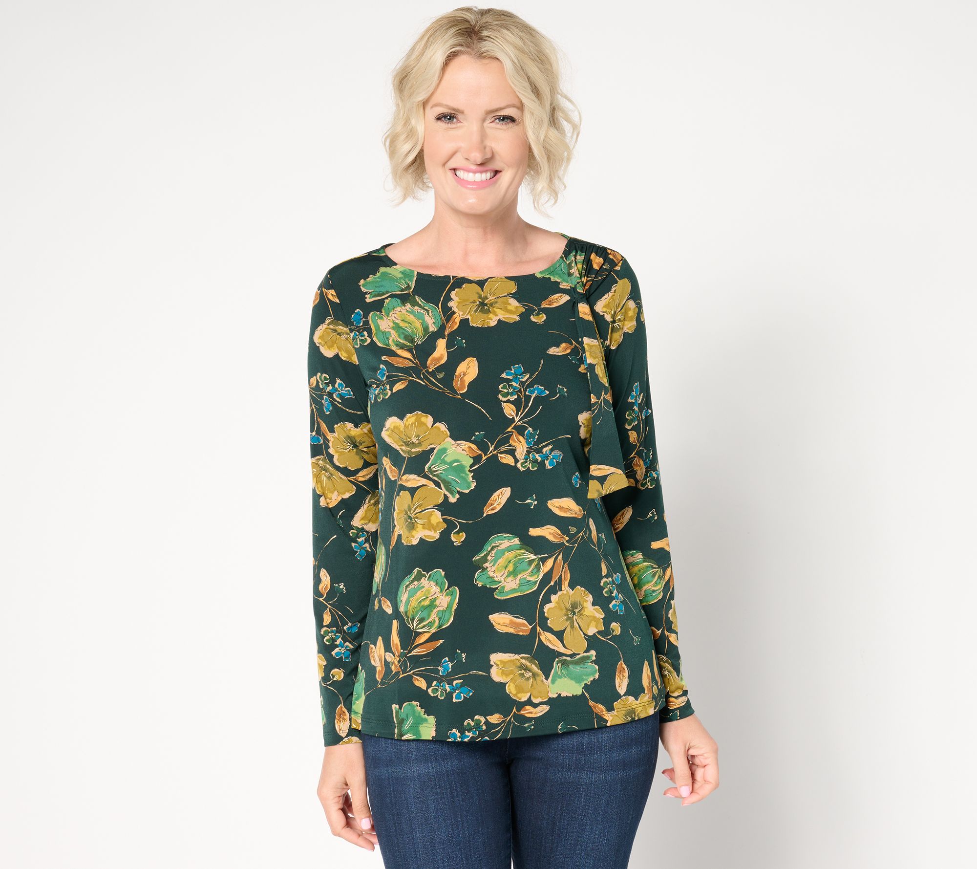 Susan Graver Foil Printed Liquid Knit Long Sleeve Top w/ Tie Detail