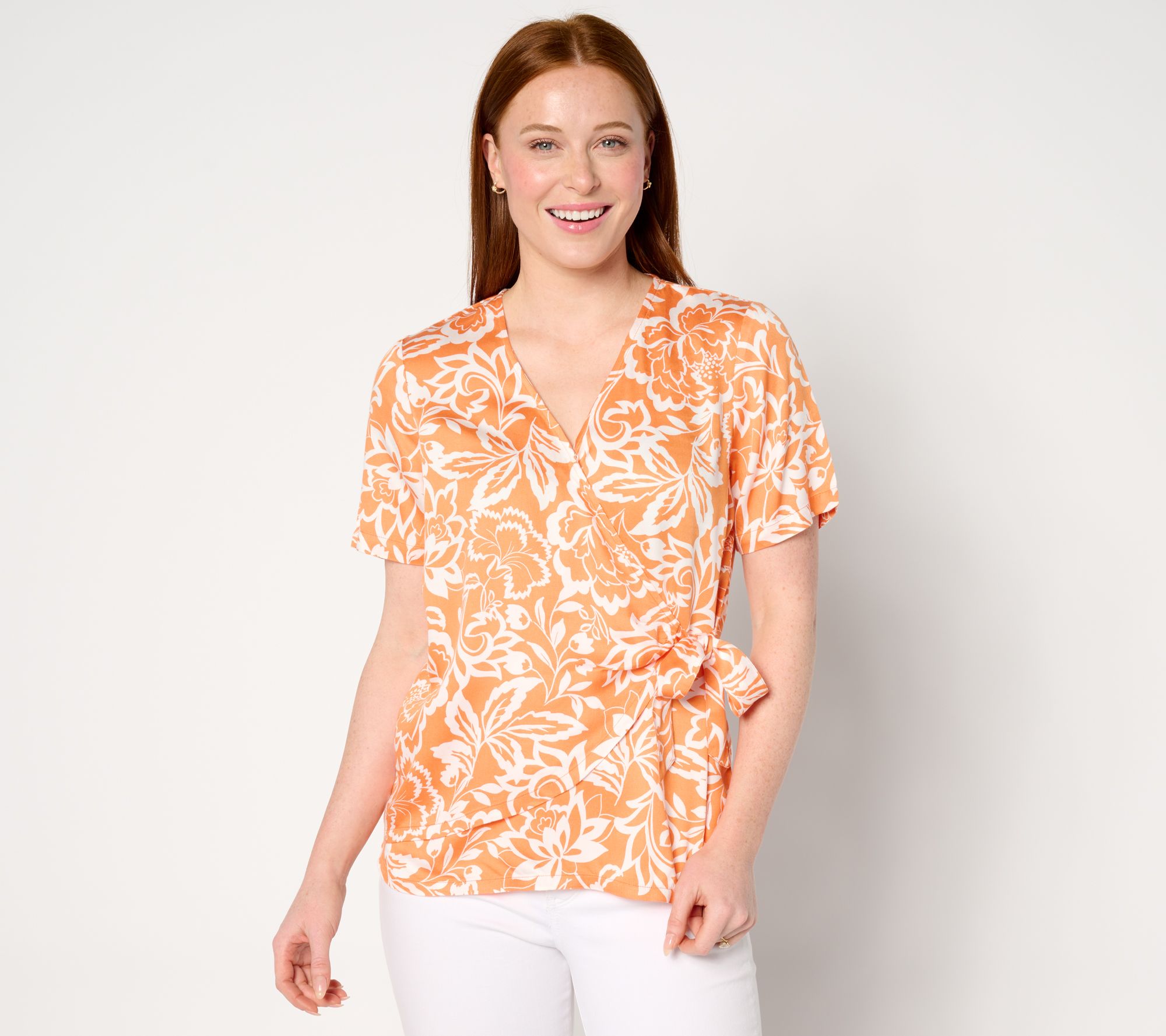 "As Is" AnyBody Printed Short Sleeve Faux Wrap Woven Top