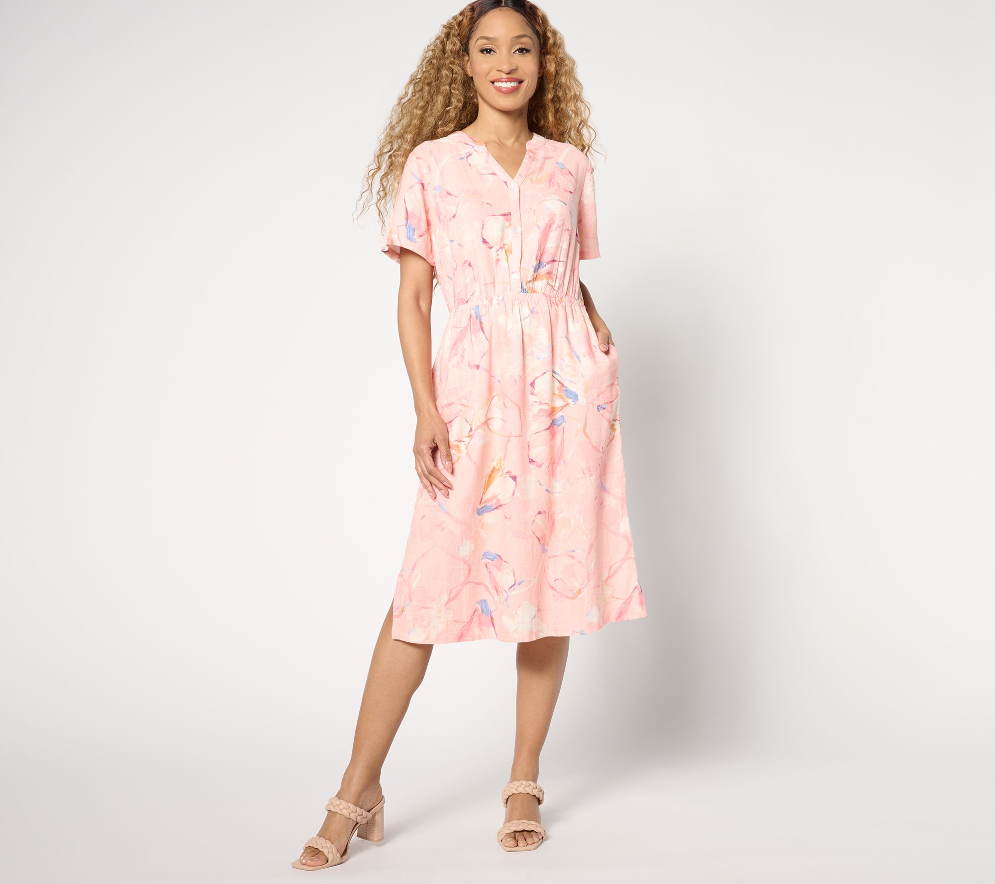 "As Is" Denim & Co. Naturals Petite Printed Short Sleeve Dress