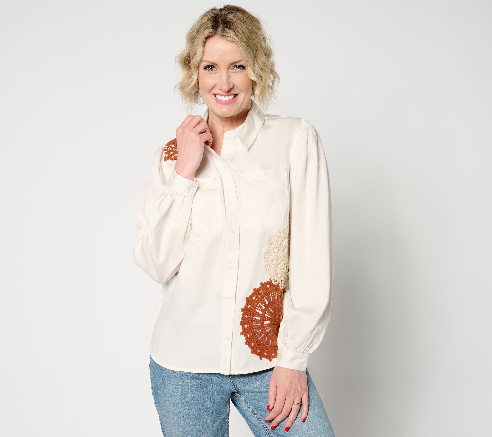"As Is" Denim & Co. Canyon Retreat Crochet Applique Button Front Top