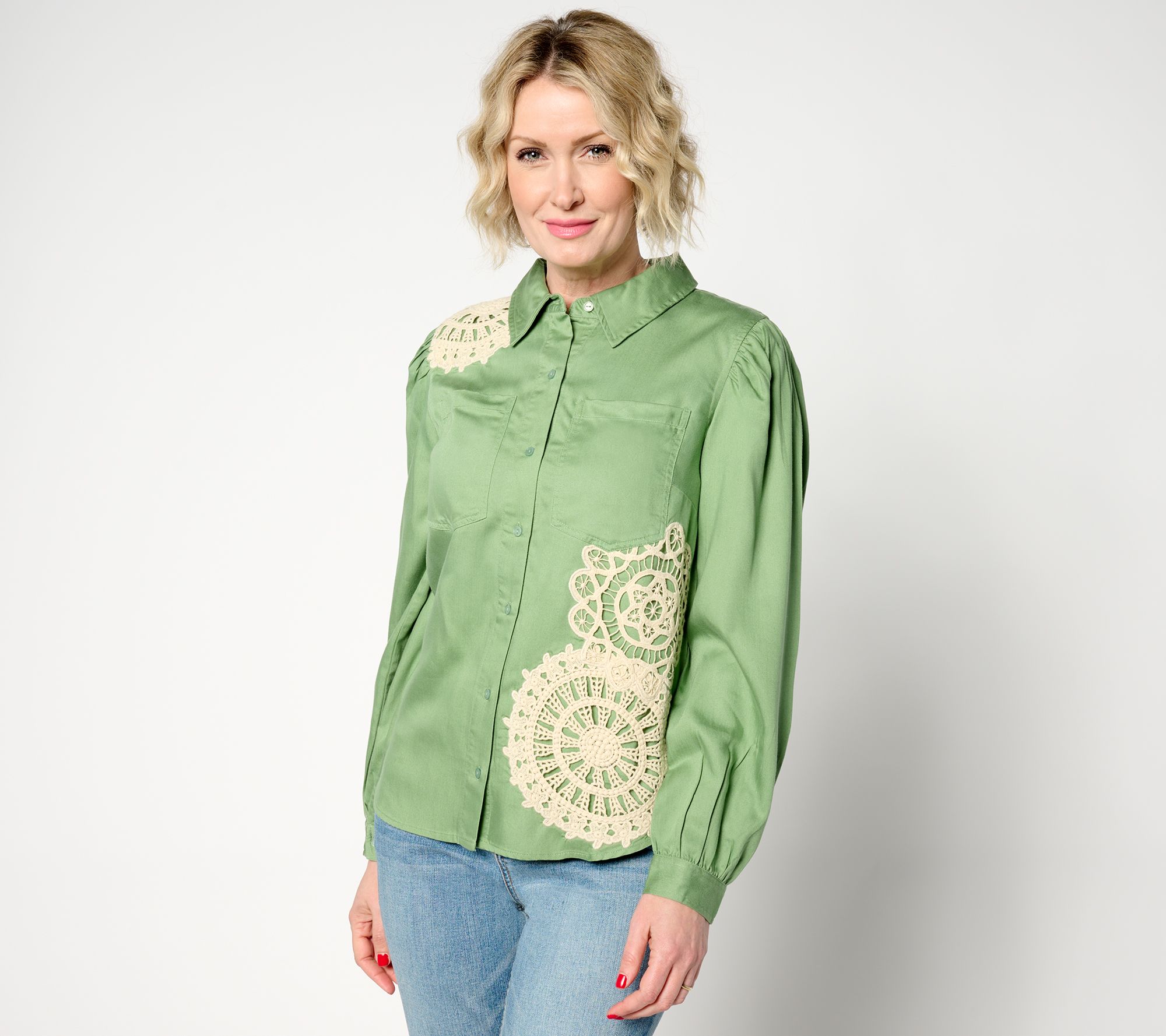 "As Is" Denim & Co. Canyon Retreat Crochet Applique Button Front Top