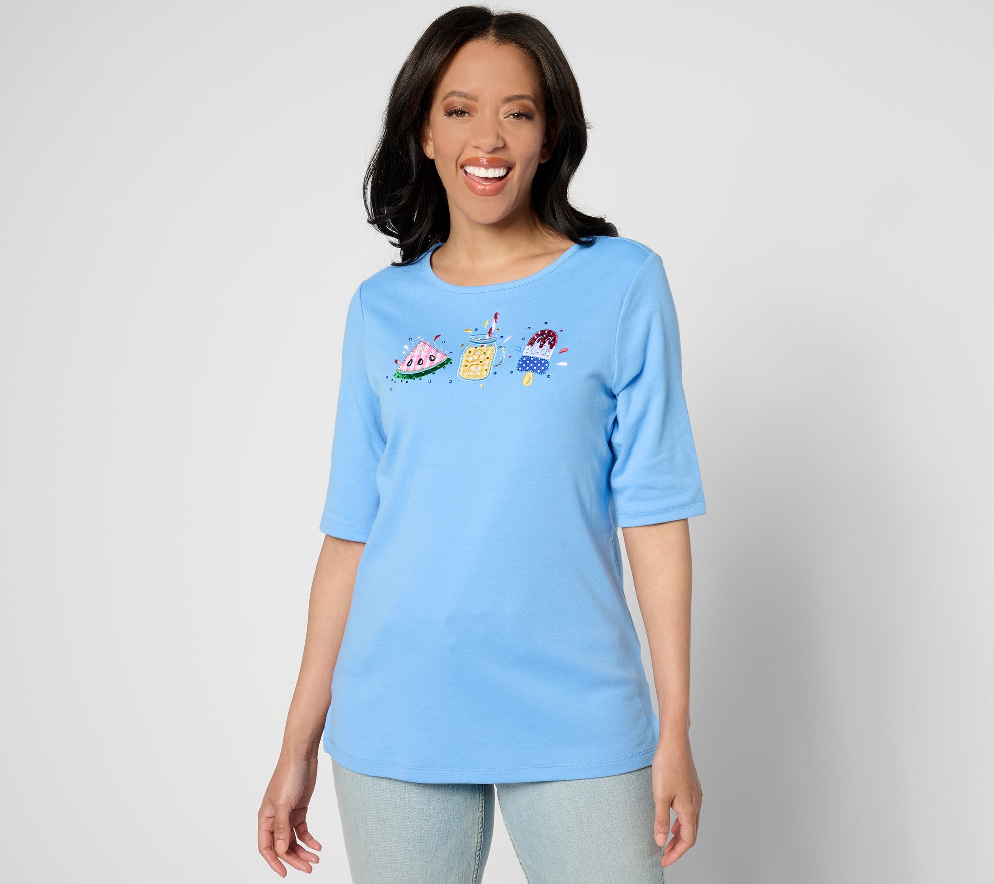 "As Is" Quacker Factory Appliqued Hot Summer Elbow Sleeve Top