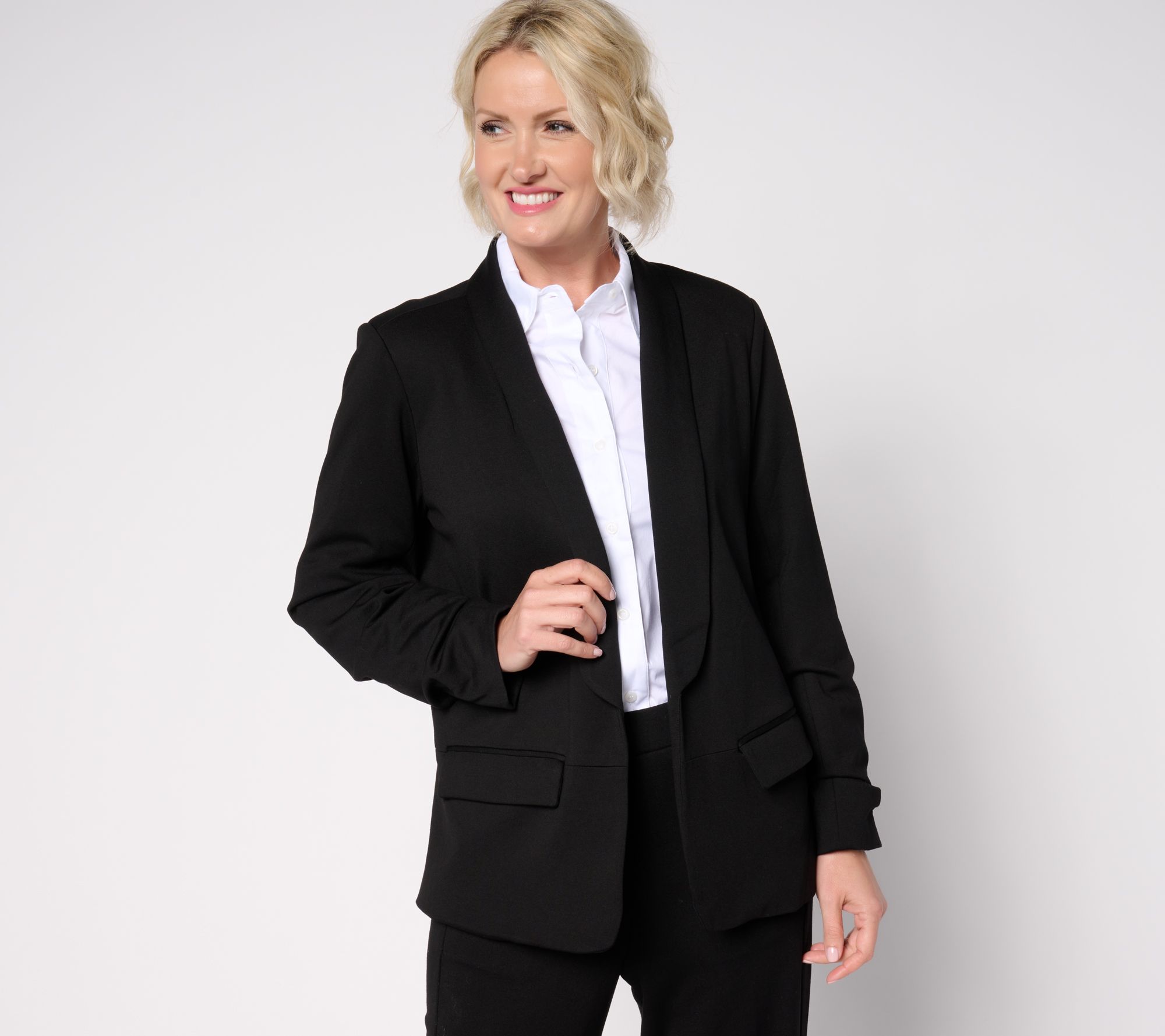 "As Is" by Stacy London Ponte Blazer w/ Shawl Collar & Ruched Sleeve