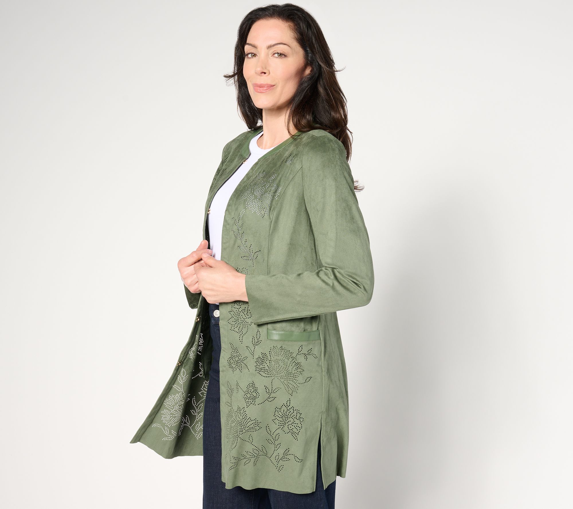 "As Is" Isaac Mizrahi Live! Petite Faux Suede Open Front Topper