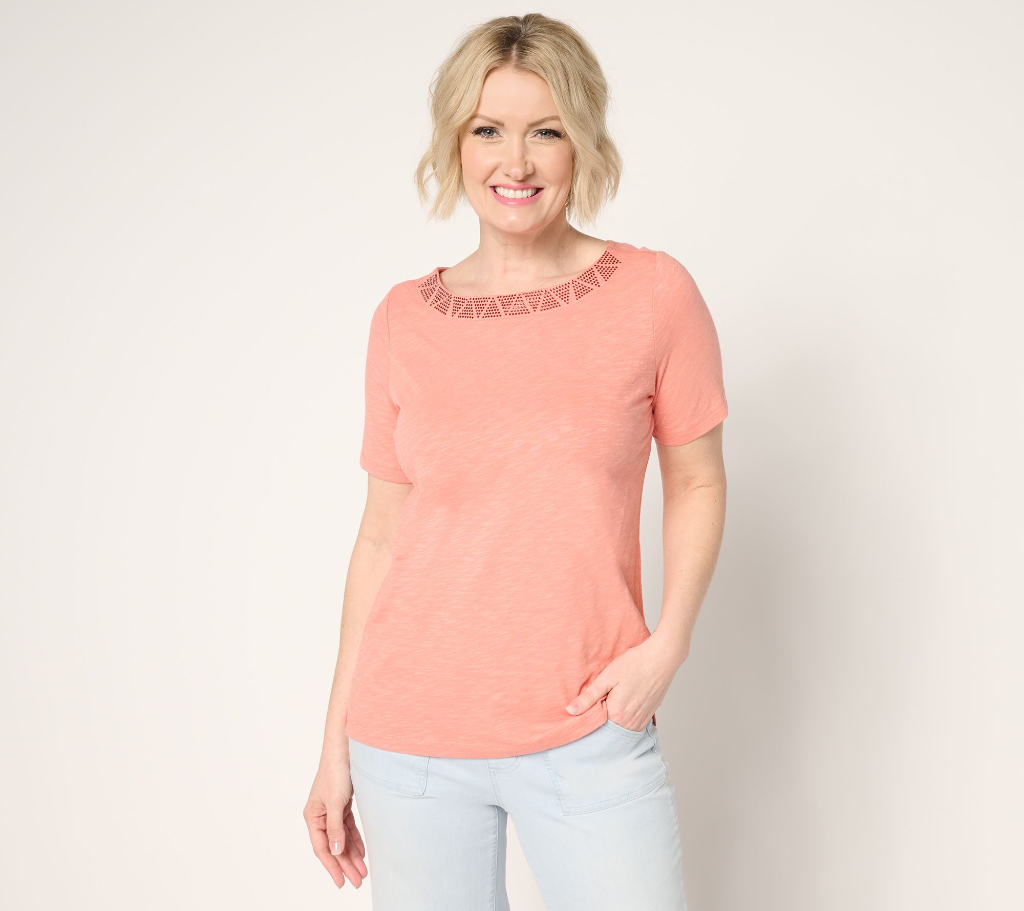 Denim & Co. Linen Blend Knit Top with Neck Embellishment