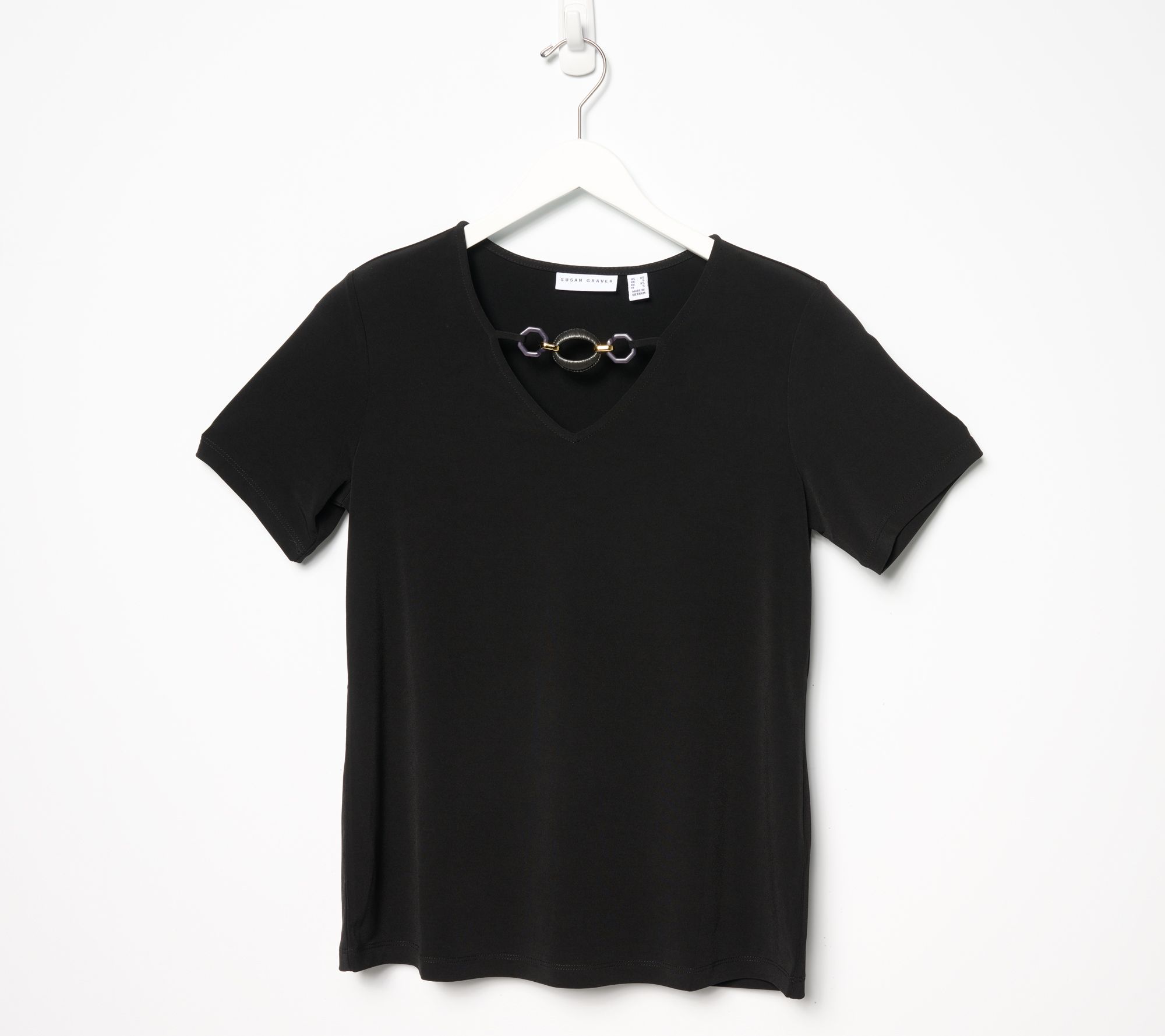 Susan Graver Liquid Knit Short Sleeve V-Neck Top with Neckline Detail