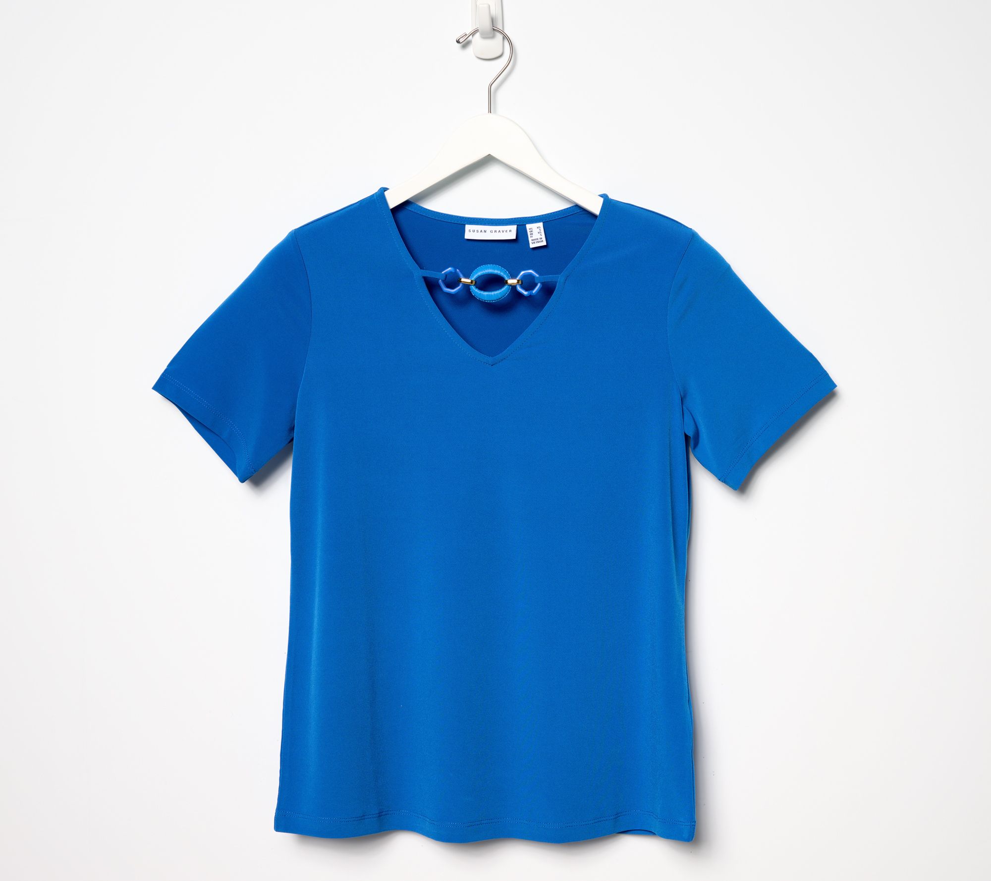 Susan Graver Liquid Knit Short Sleeve V-Neck Top with Neckline Detail