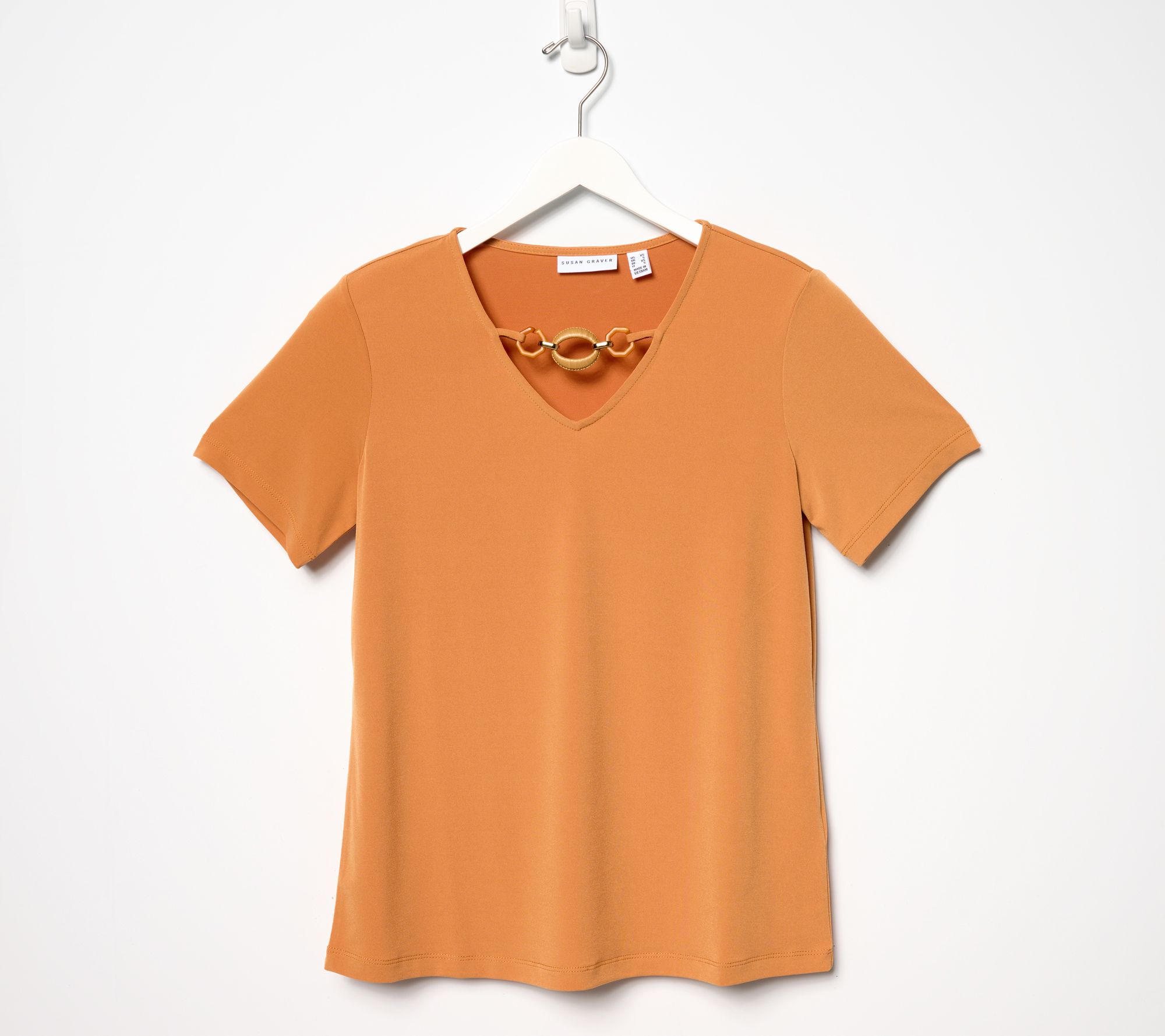 Susan Graver Liquid Knit Short Sleeve V-Neck Top with Neckline Detail