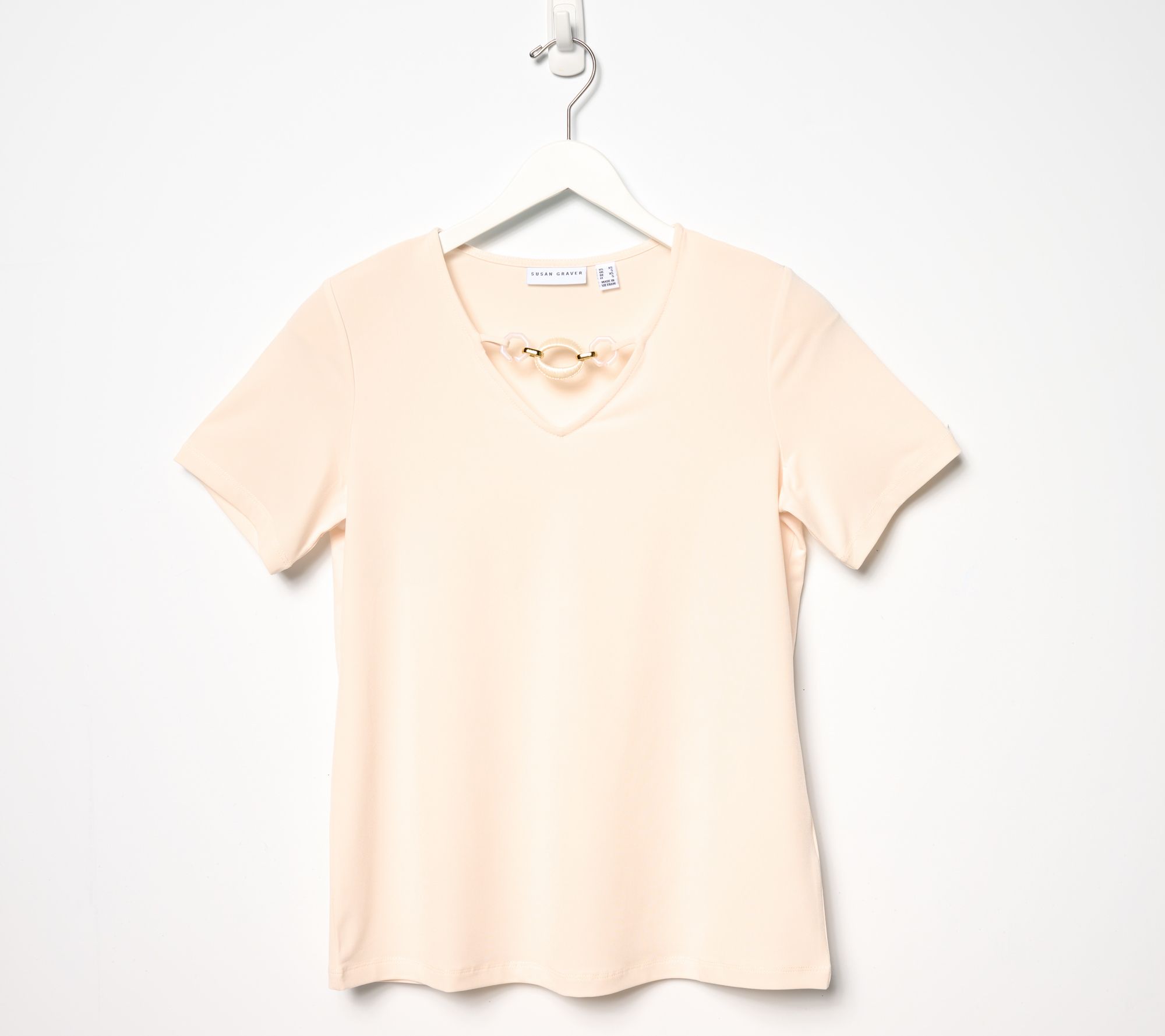 Susan Graver Liquid Knit Short Sleeve V-Neck Top with Neckline Detail