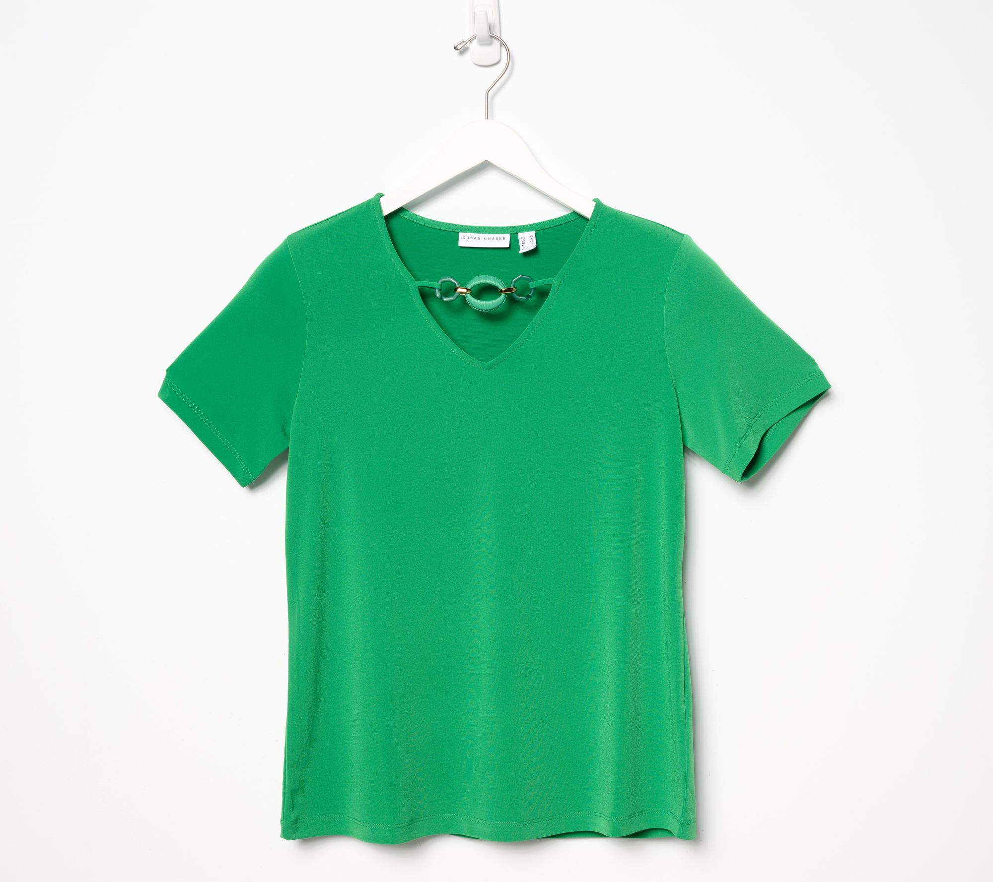 Susan Graver Liquid Knit Short Sleeve V-Neck Top with Neckline Detail