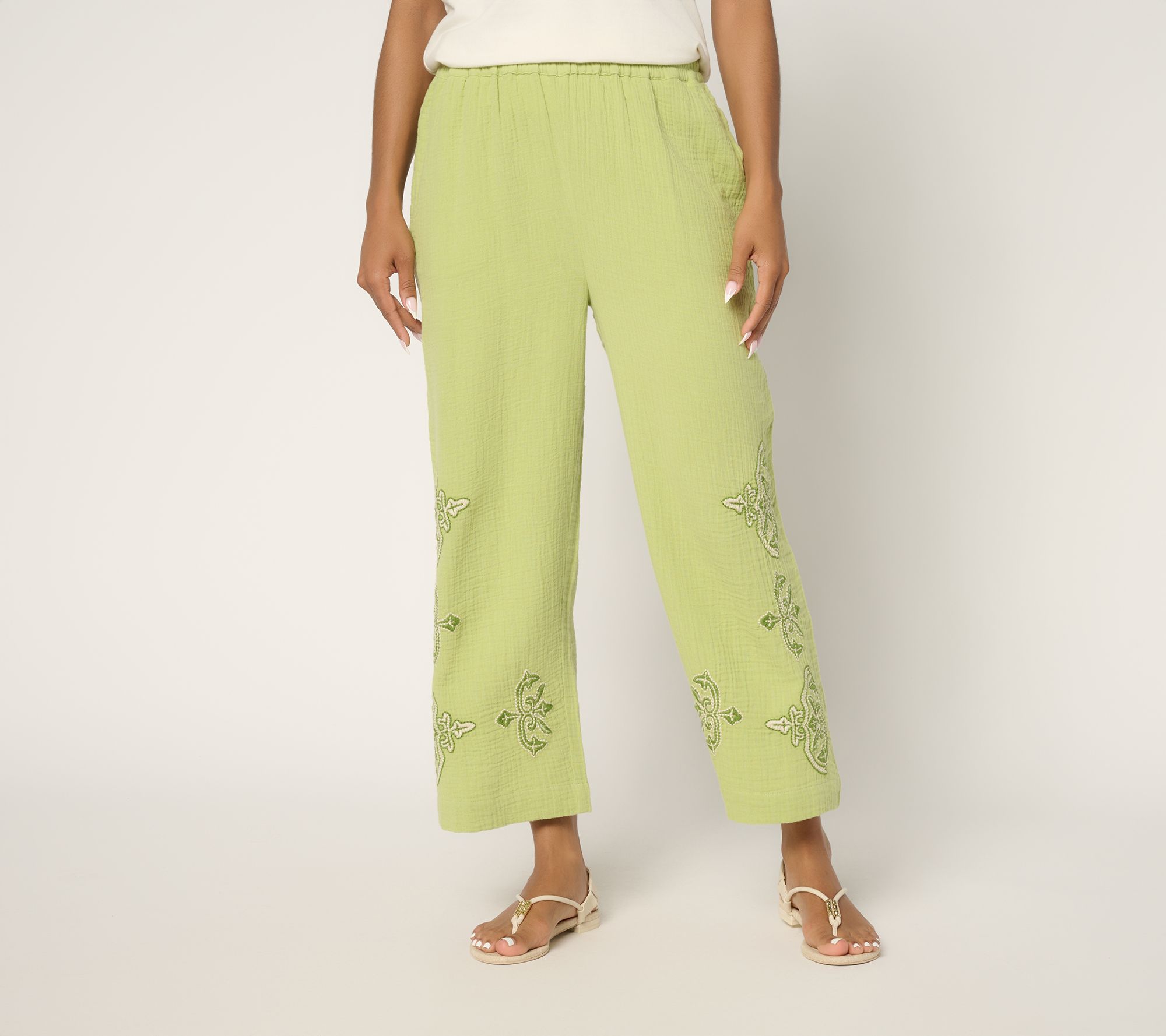 Susan Graver PURE Regular Getaway Gauze Embroidered Wide Leg Pants