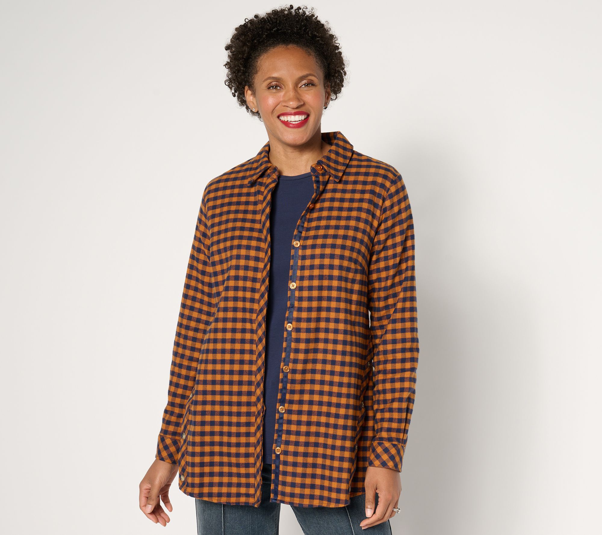 "As Is" Joan Rivers Petite Cotton Flannel Swing Button Front Shirt