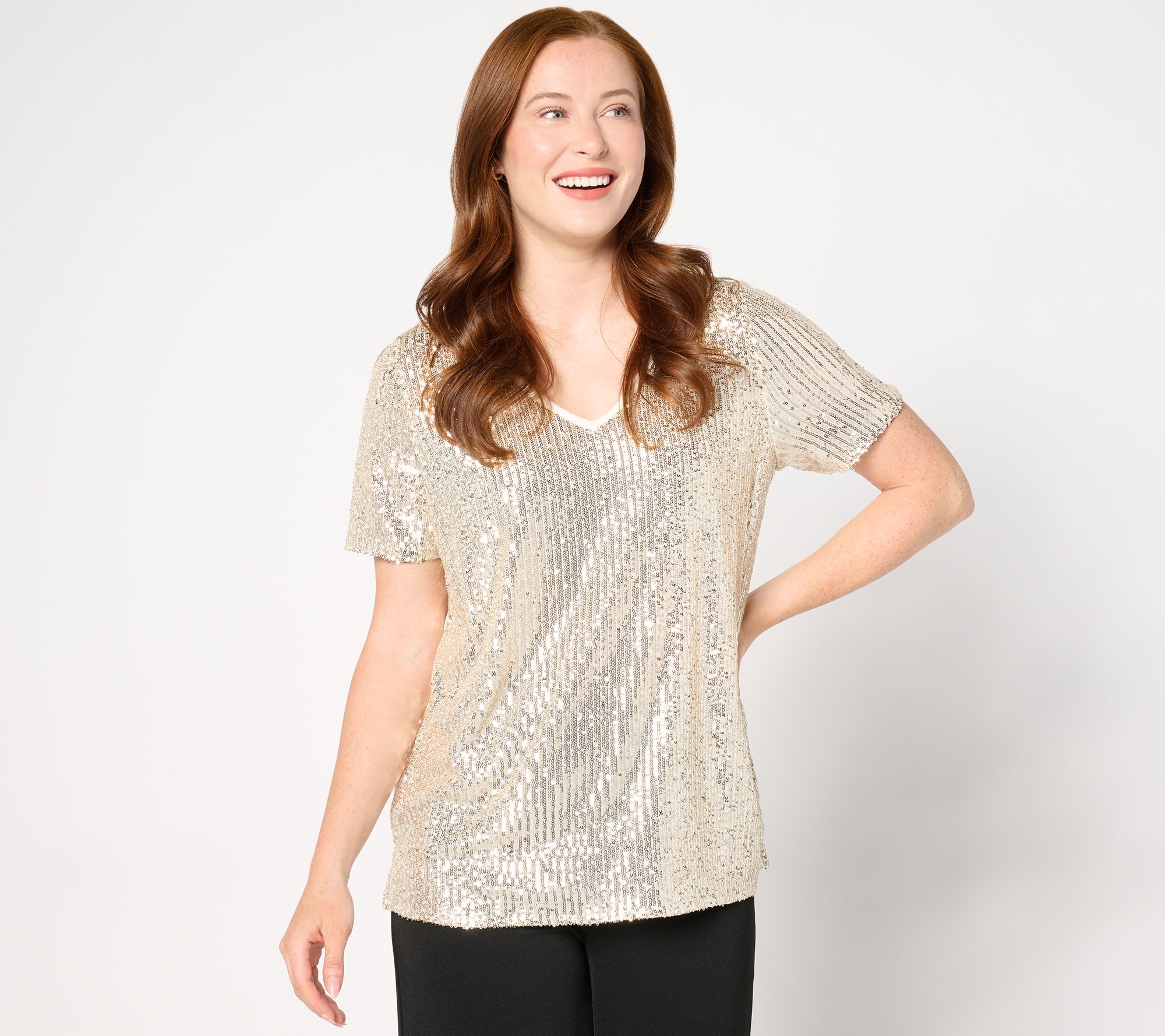 "As Is" Jingle Belles by Kim Gravel Sequin Front Knit Back V Neck Top
