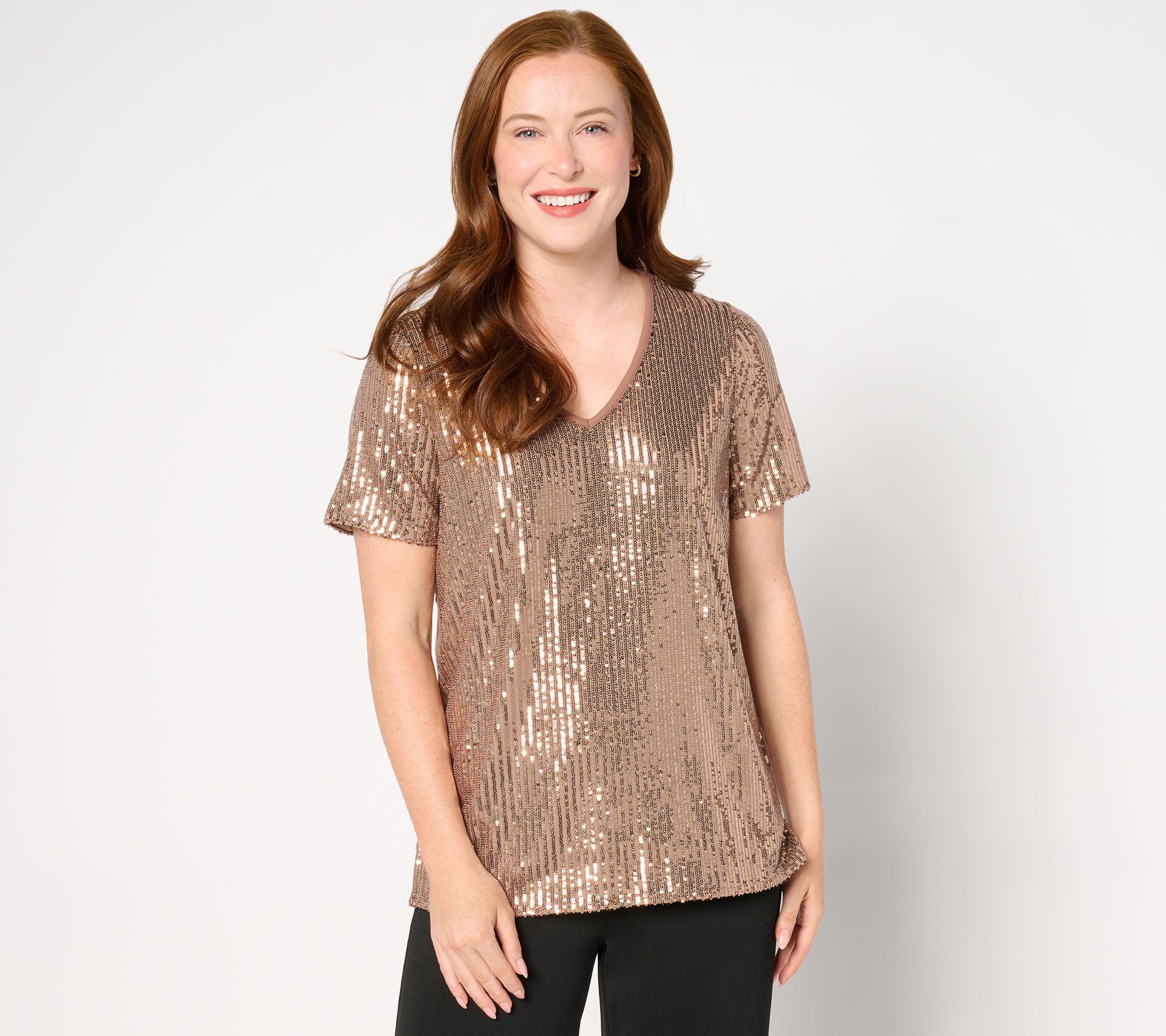 "As Is" Jingle Belles by Kim Gravel Sequin Front Knit Back V Neck Top