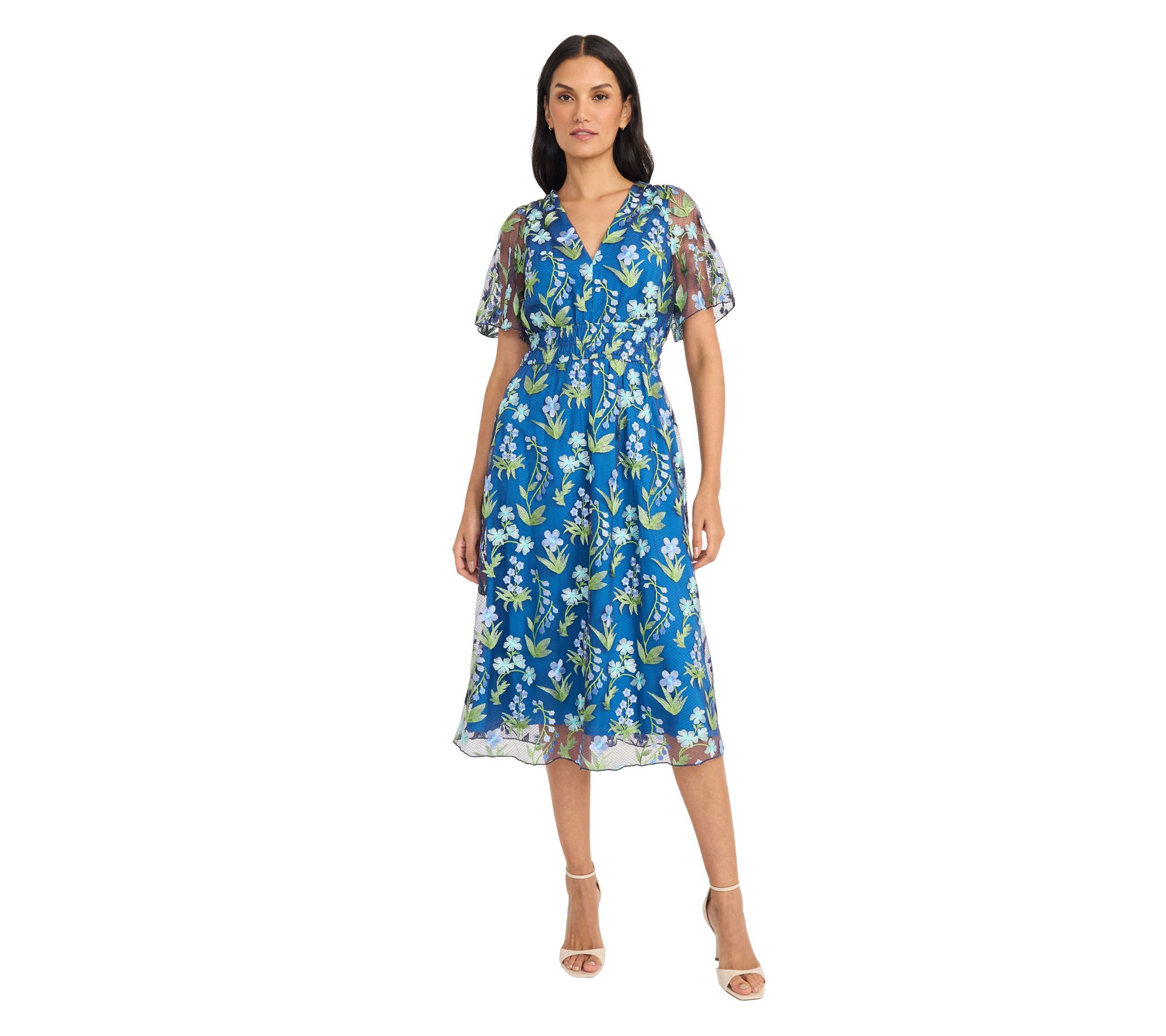 Maggy London Short Sleeve Embroidered Mesh MidiDress