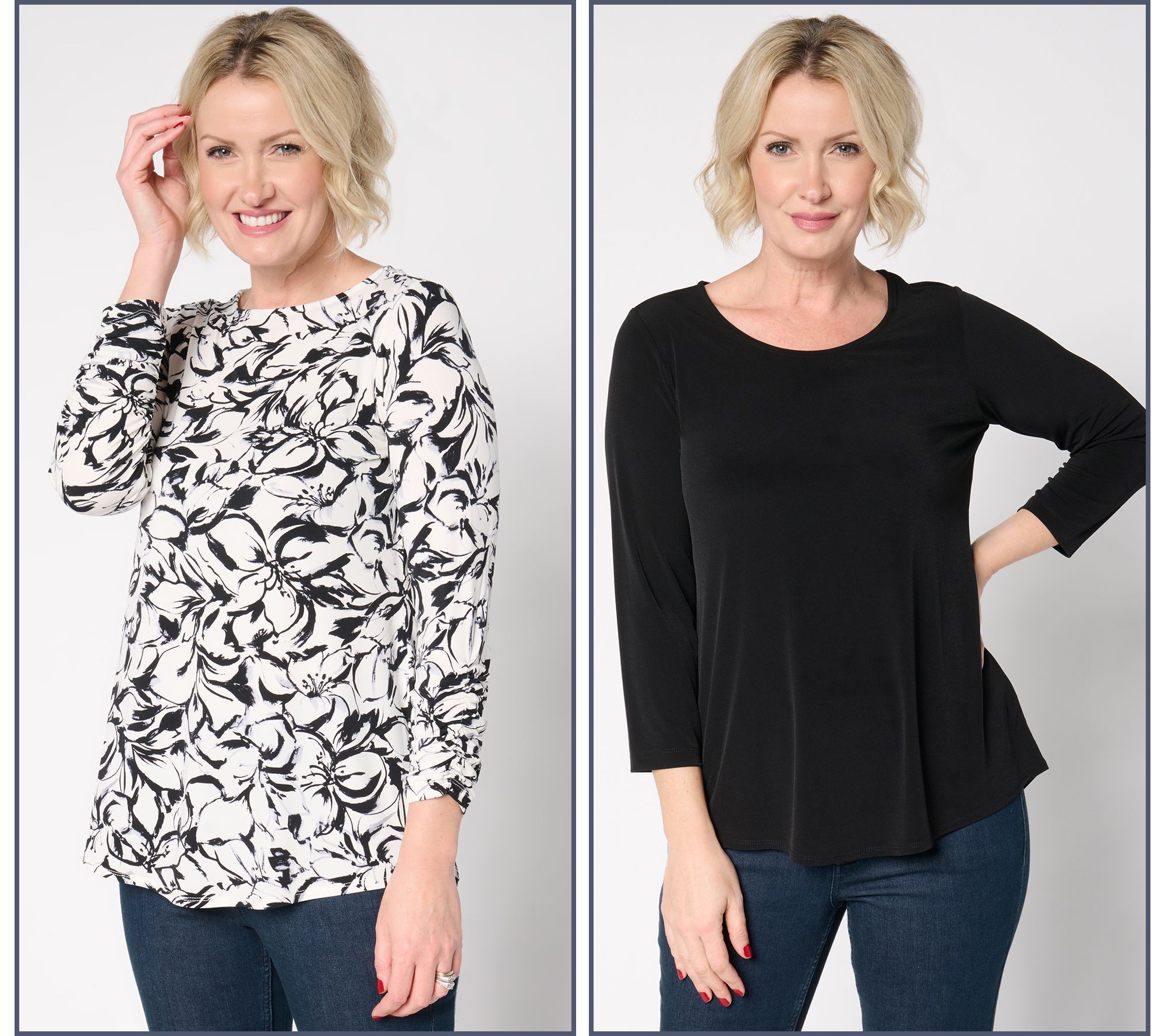 "As Is" Susan Graver Regular Liquid Knit Set of 2 Print & Solid Tops