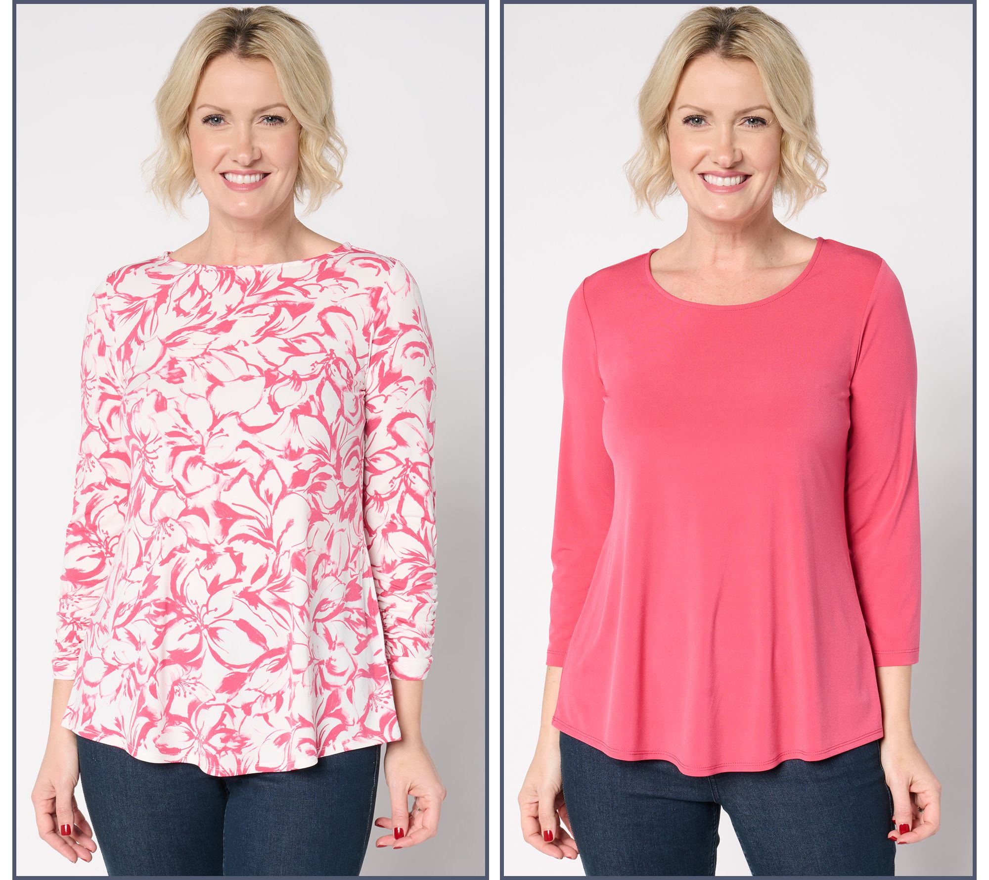 "As Is" Susan Graver Regular Liquid Knit Set of 2 Print & Solid Tops