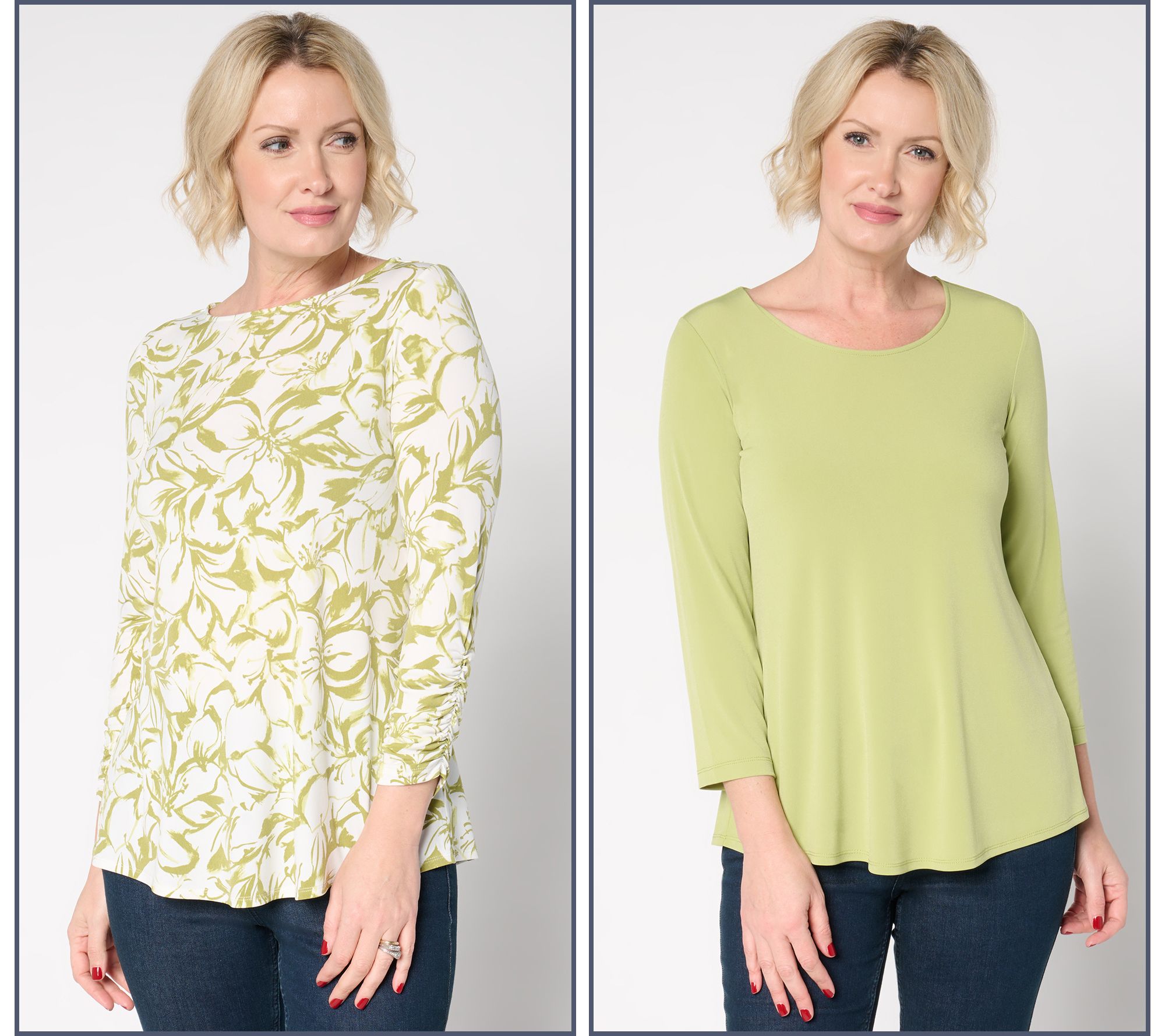 "As Is" Susan Graver Regular Liquid Knit Set of 2 Print & Solid Tops