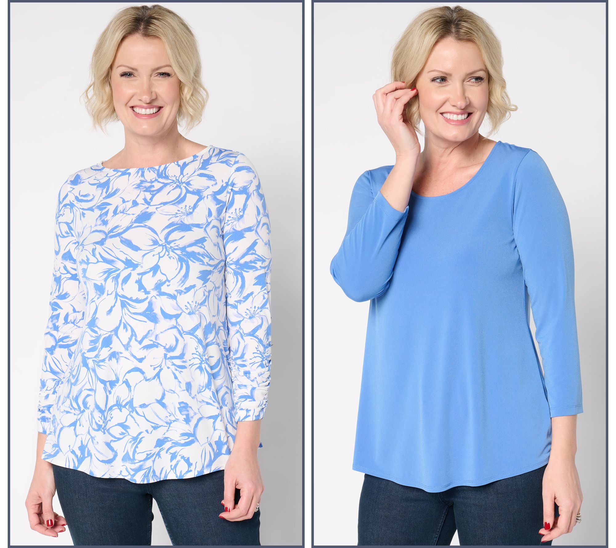 "As Is" Susan Graver Regular Liquid Knit Set of 2 Print & Solid Tops