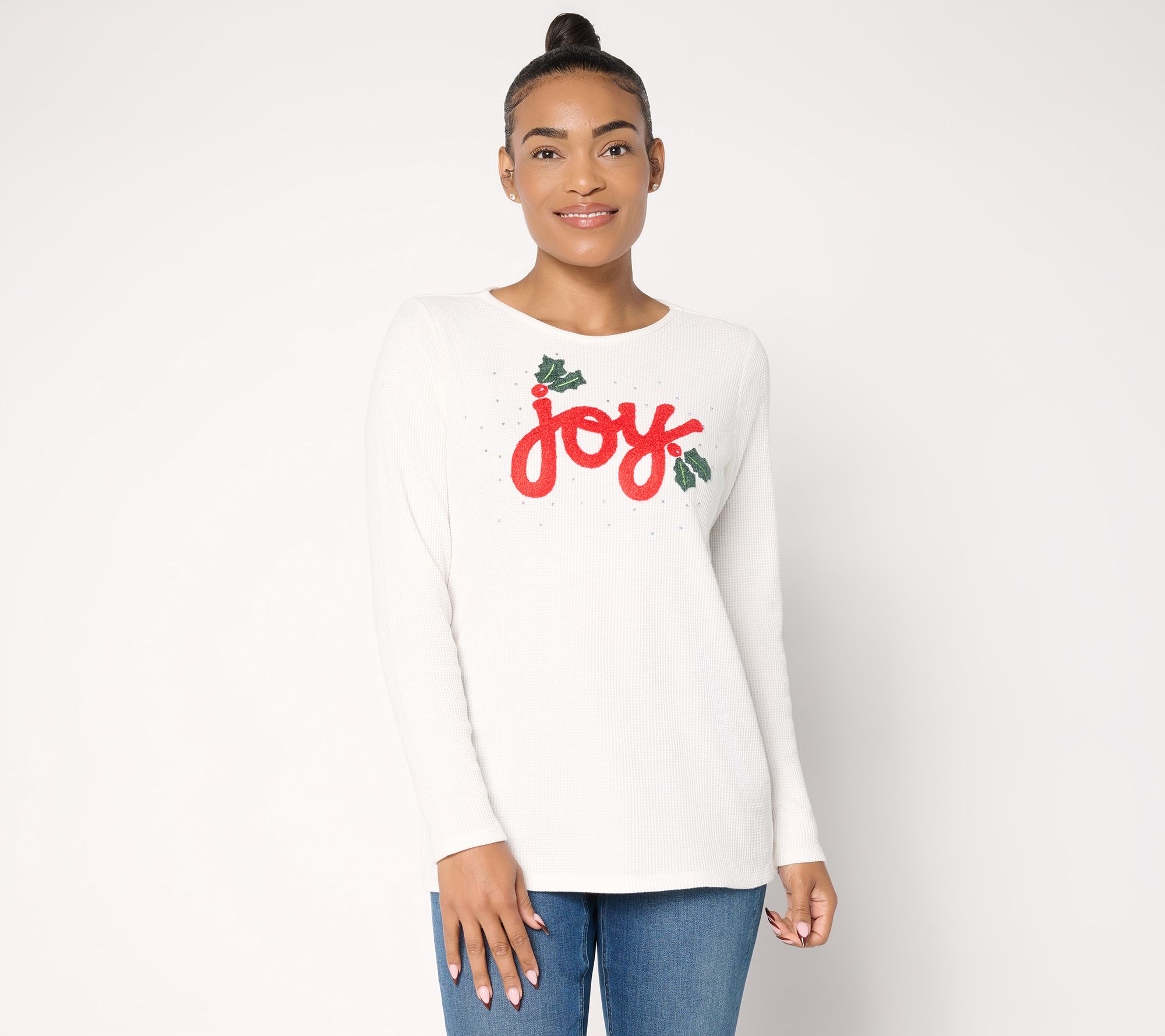 Quacker Factory Good Tidings Punch Needle Waffle Knit Top