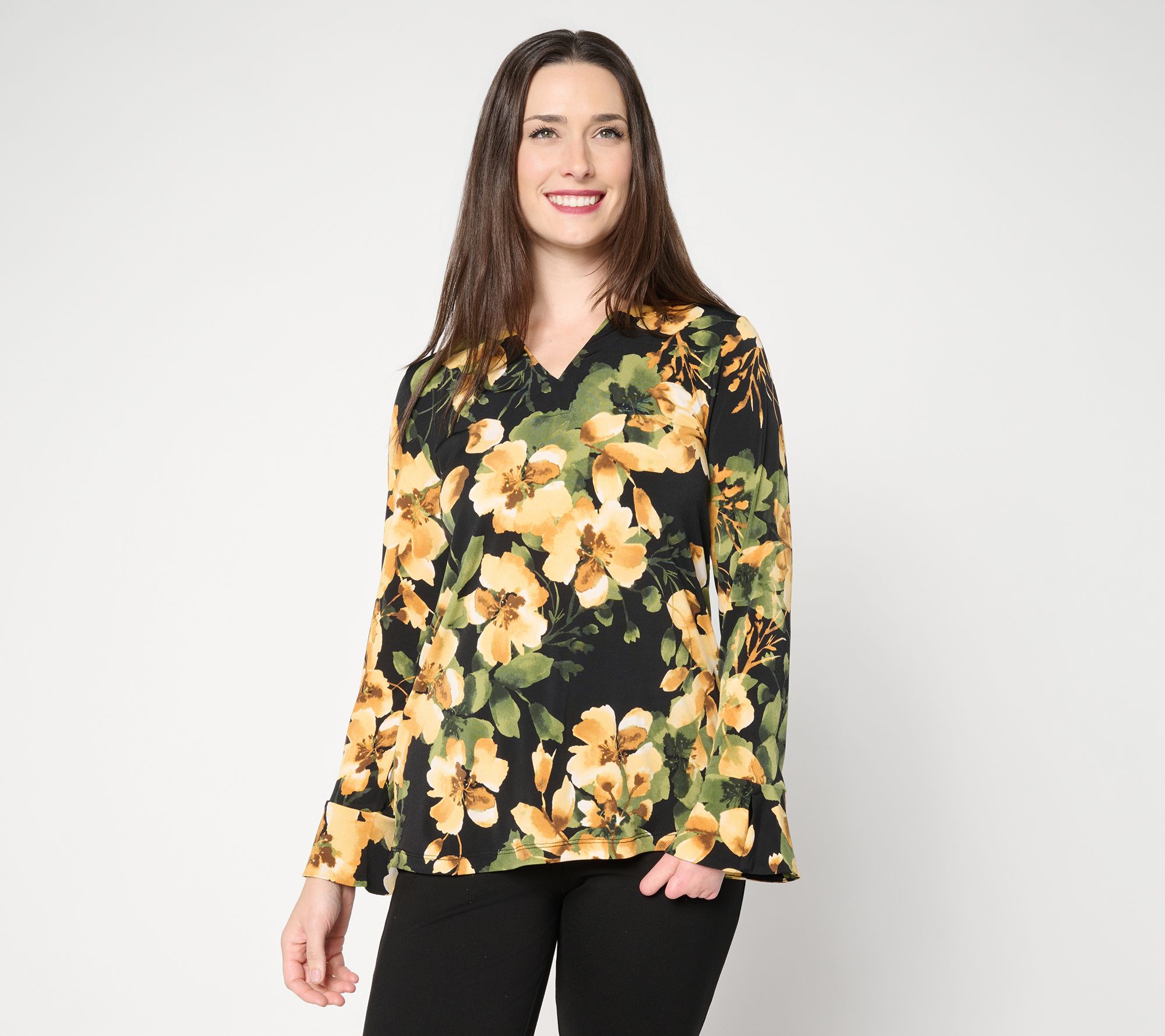  Susan Graver Printed Liquid Knit Split Neck Top with Flounce Sleeves