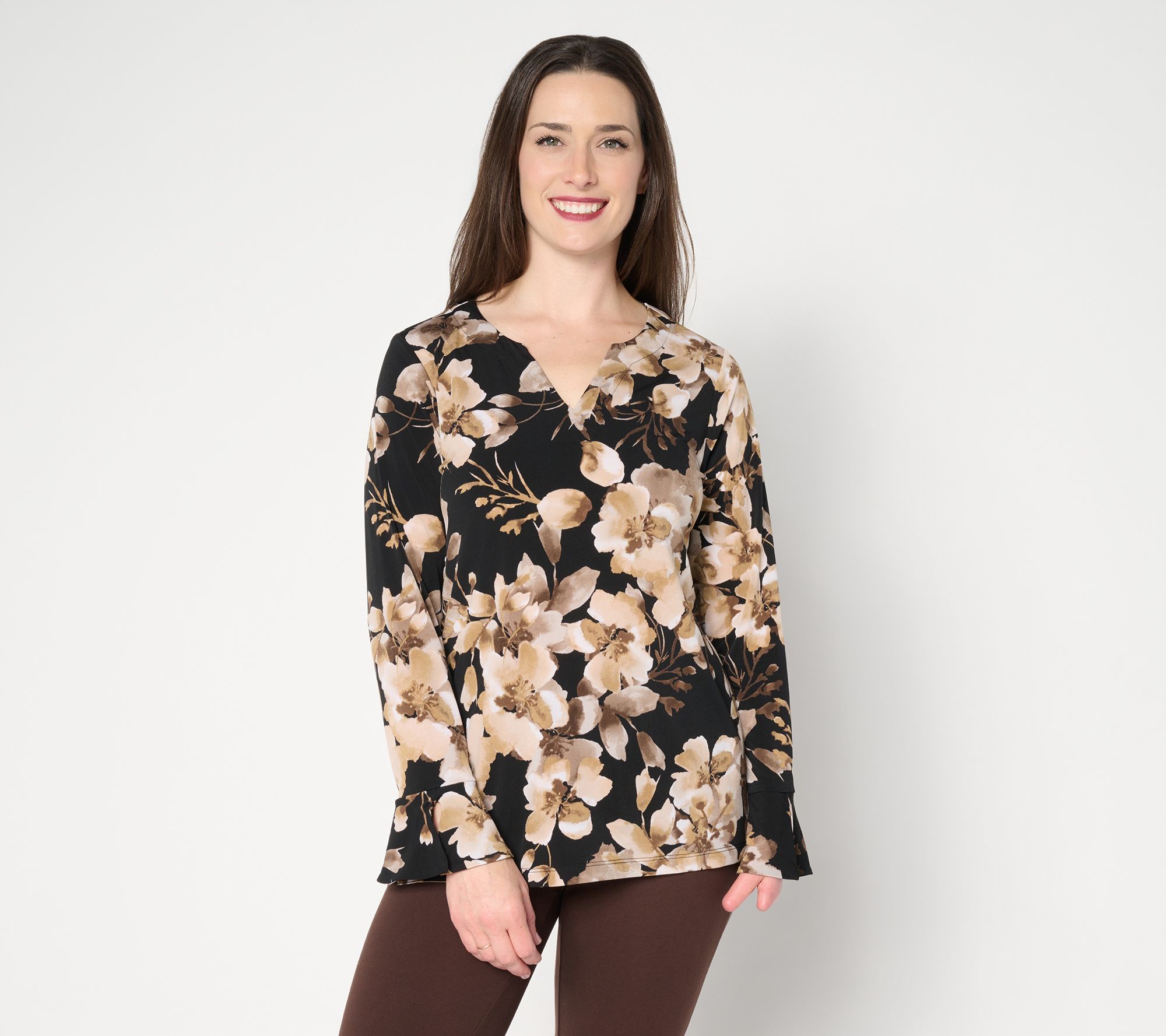 Susan Graver Printed Liquid Knit Split Neck Top with Flounce Sleeves