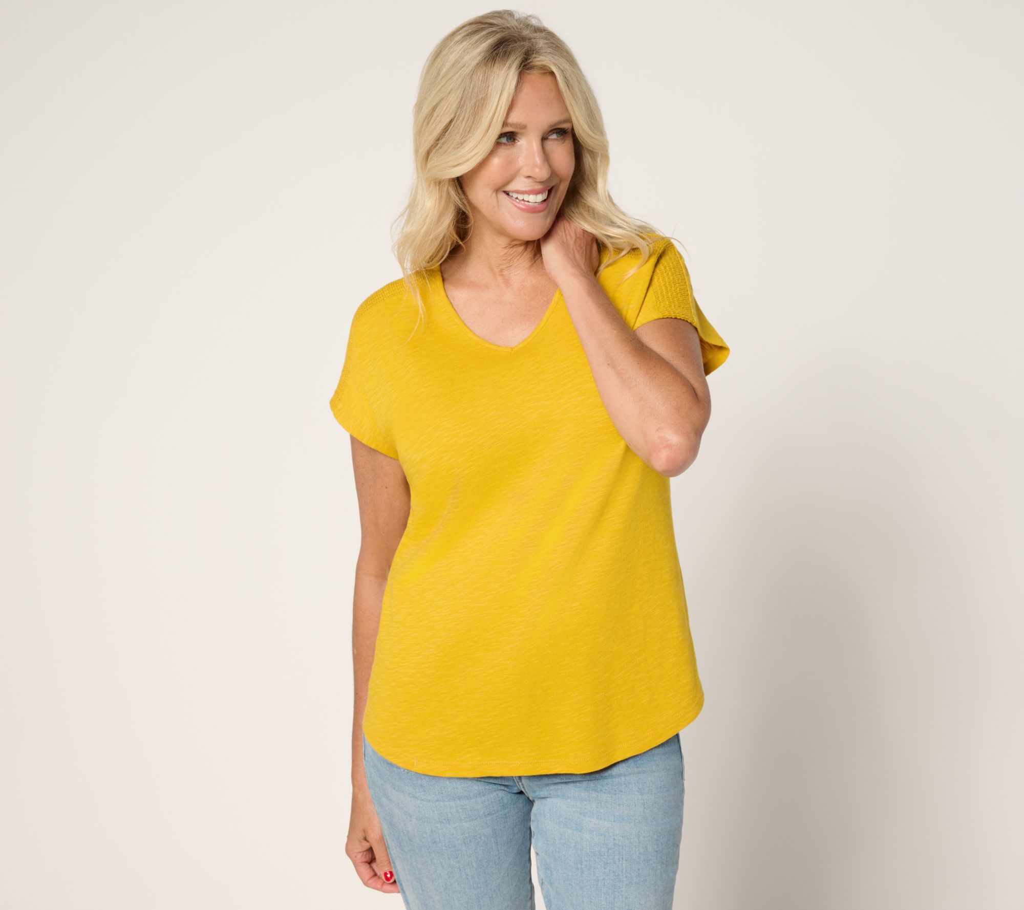 "As Is" Denim & Co. Essentials Linen Blend Dolman Sleeve Top w/ Smocking