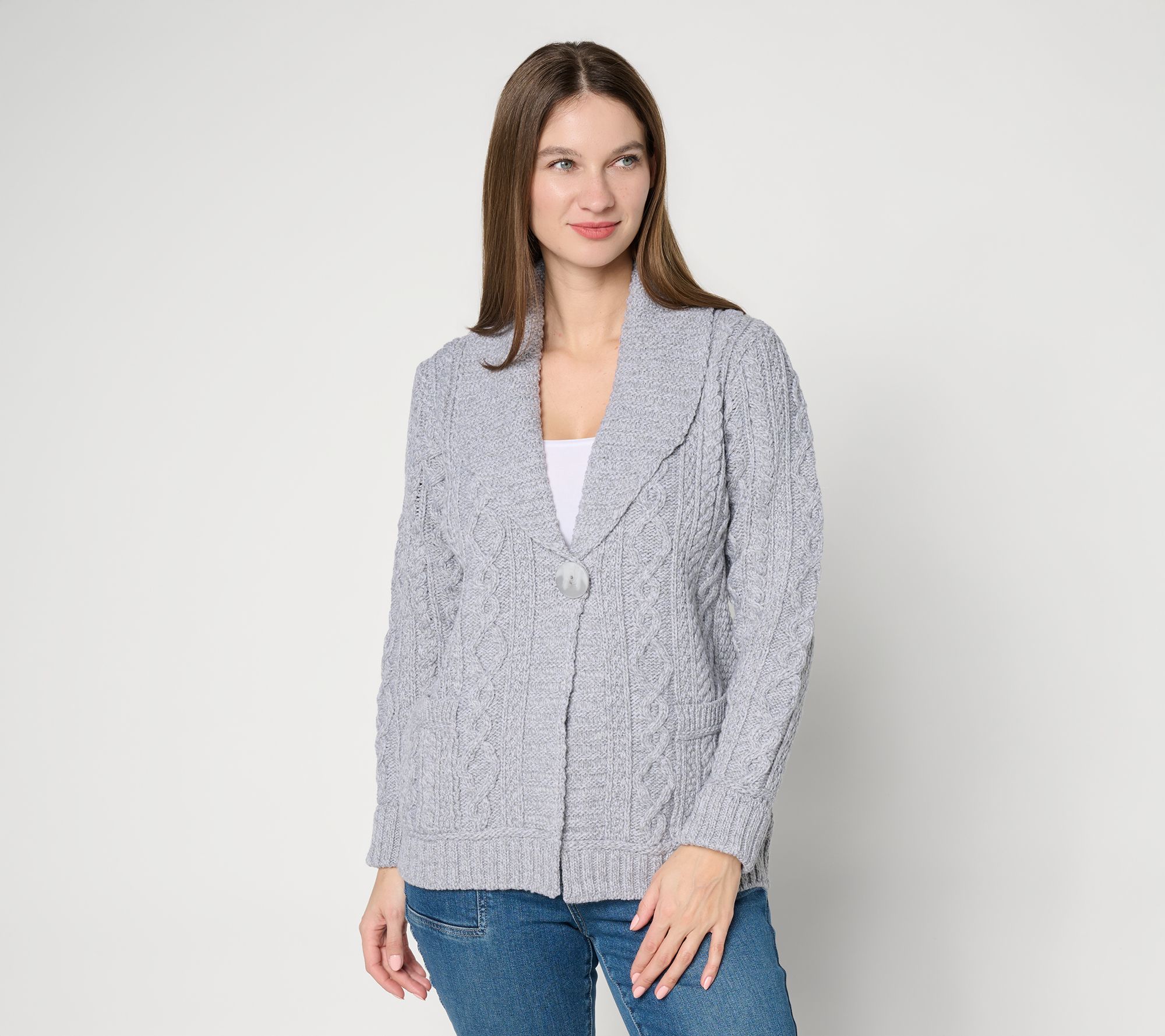 Aran Crafts Merino Wool One-Button Sweater Cardigan