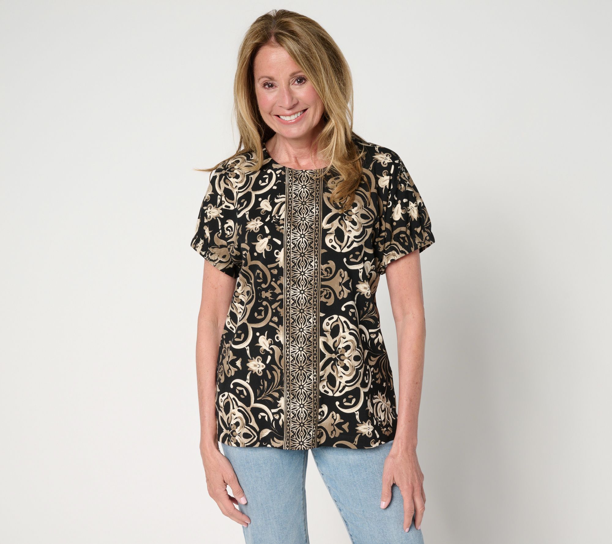 "As Is" Denim & Co. So Soft Jersey Placed Print Dolman Top w/ Detail