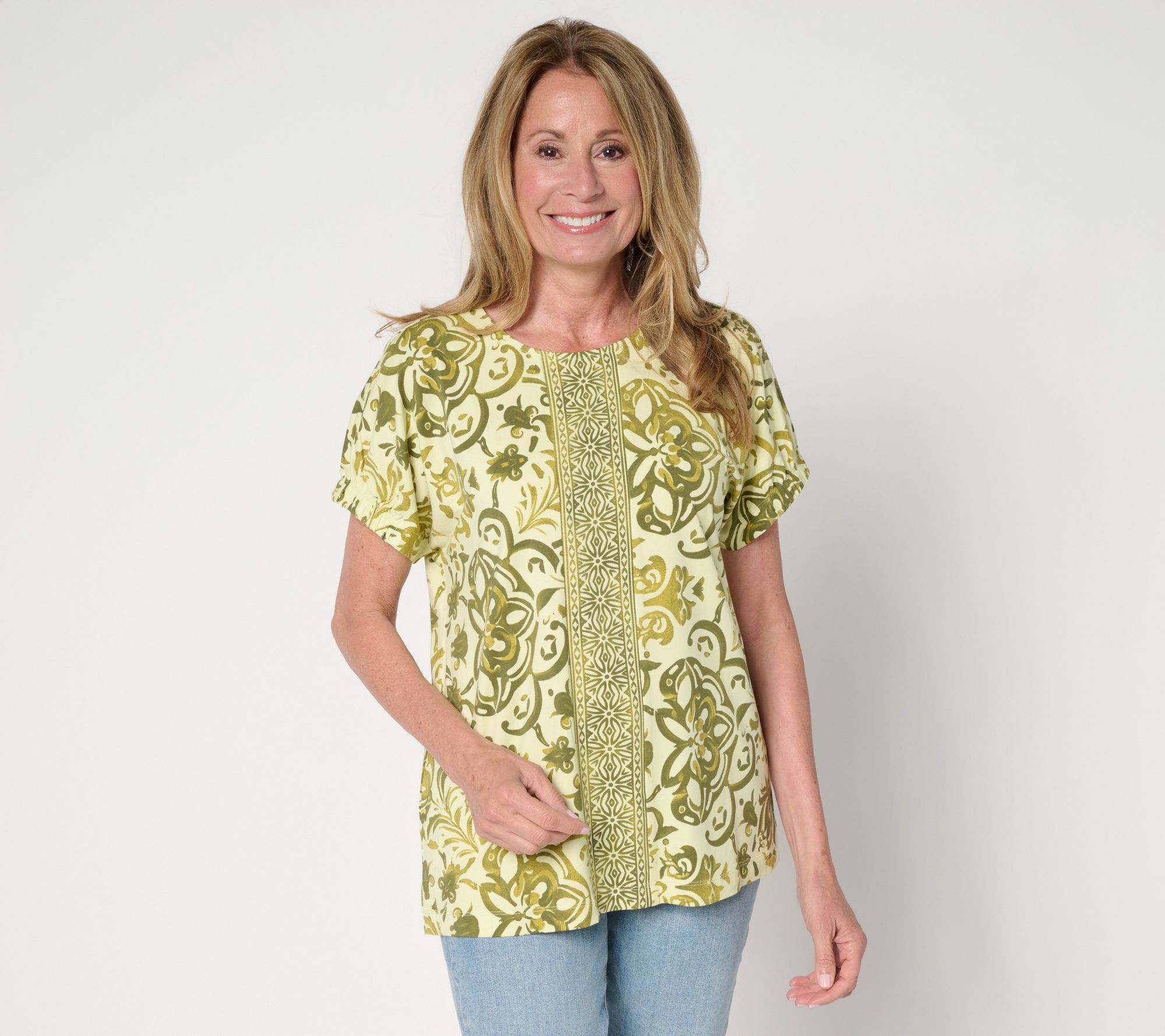 "As Is" Denim & Co. So Soft Jersey Placed Print Dolman Top w/ Detail