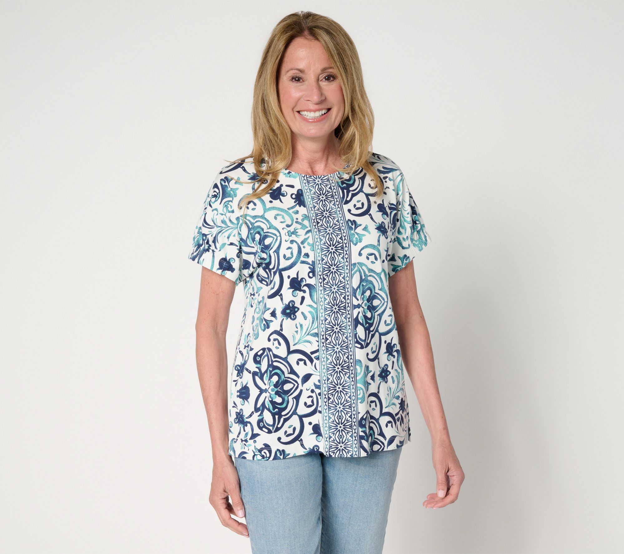 "As Is" Denim & Co. So Soft Jersey Placed Print Dolman Top w/ Detail