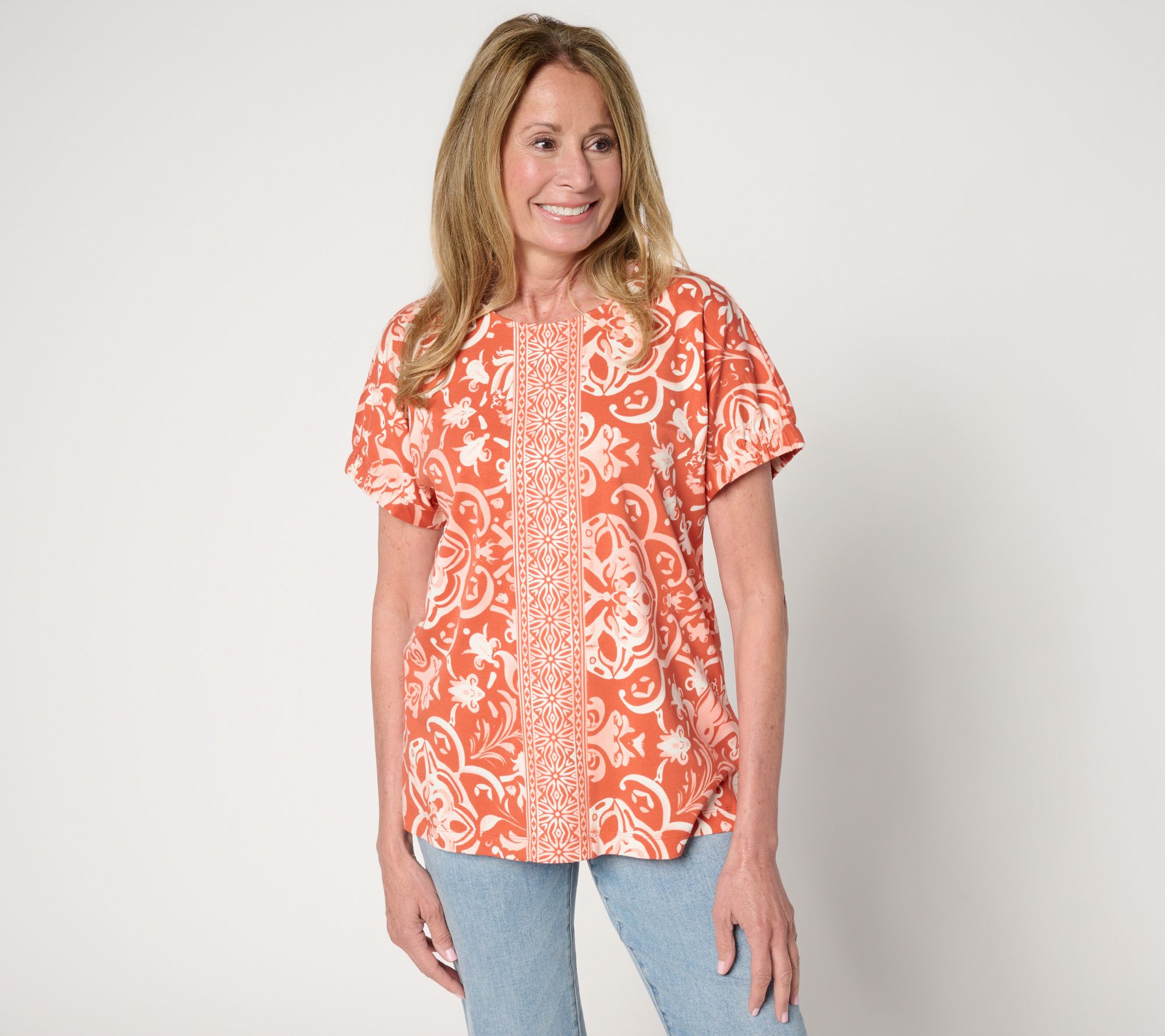 "As Is" Denim & Co. So Soft Jersey Placed Print Dolman Top w/ Detail