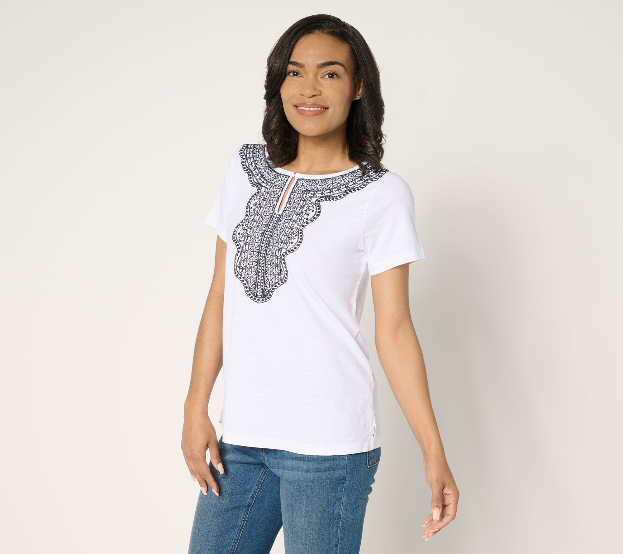 "As Is" Susan Graver Textured Cotton Embroidered Top