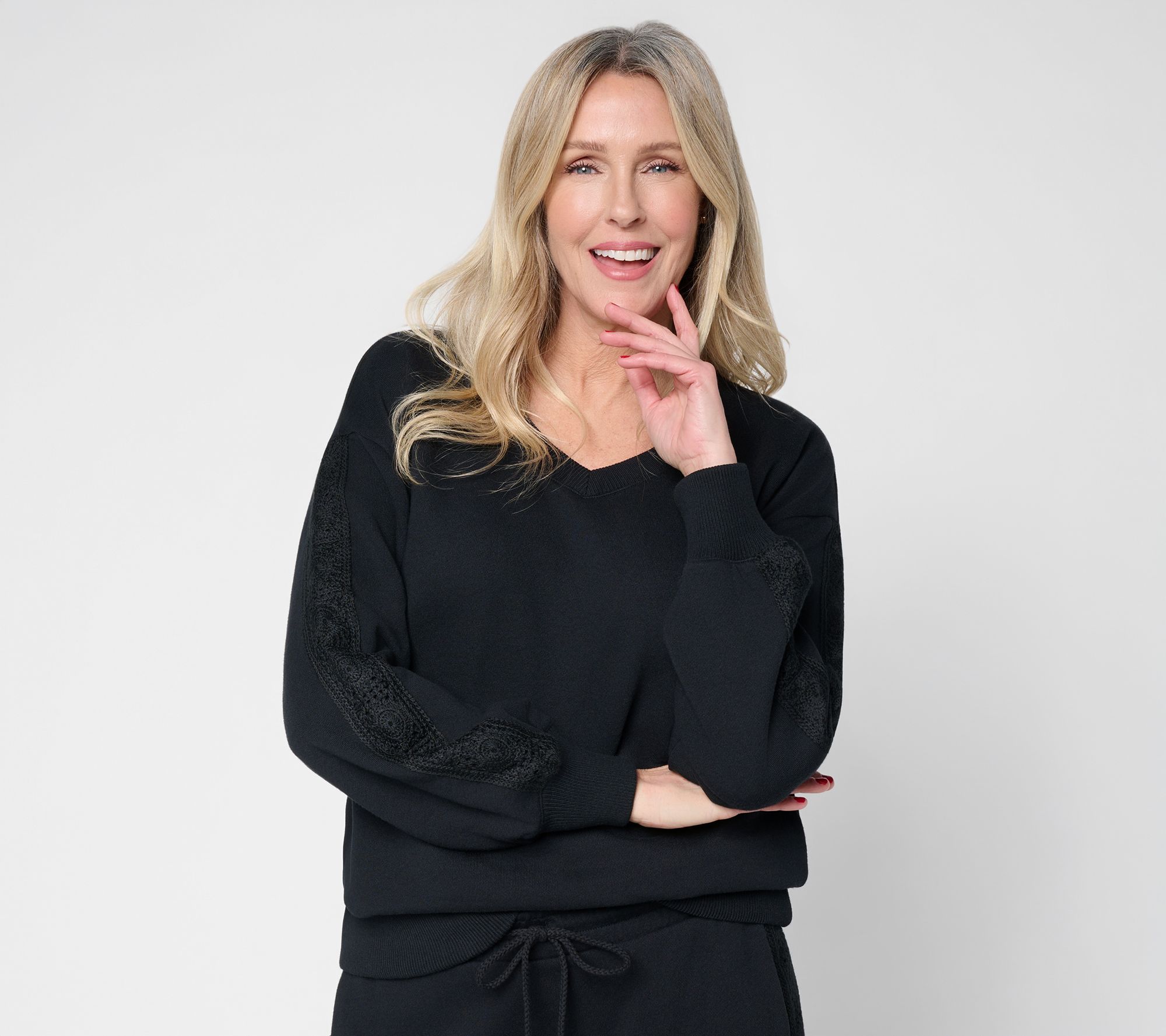 Peace Love World Boheme V-Neck Sweatshirt with Crochet Trim