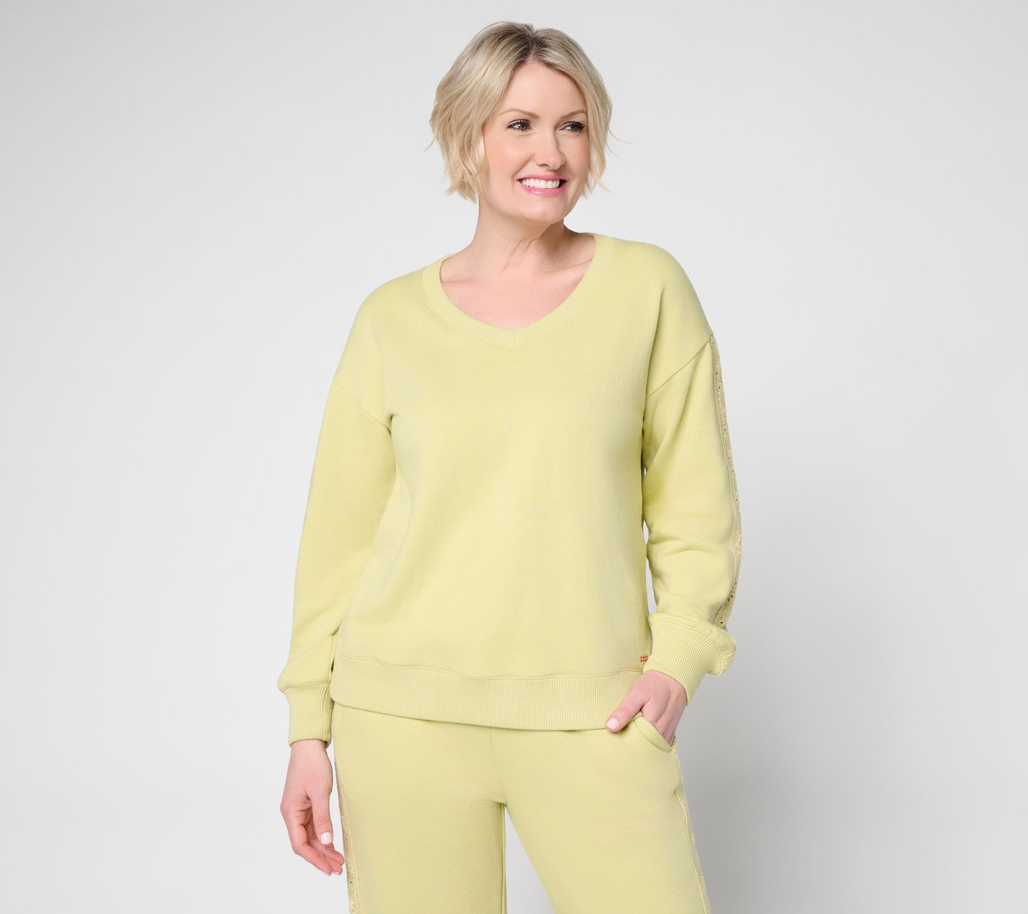 Peace Love World Boheme V-Neck Sweatshirt with Crochet Trim