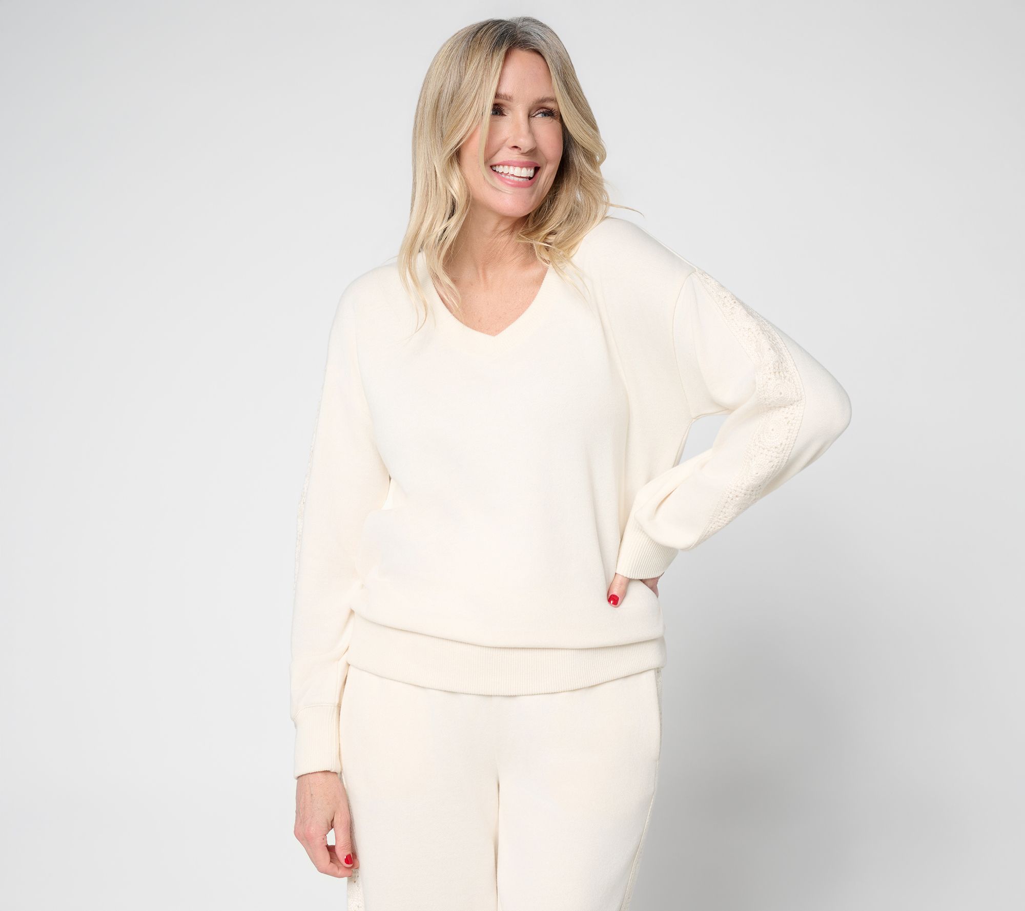 Peace Love World Boheme V-Neck Sweatshirt with Crochet Trim