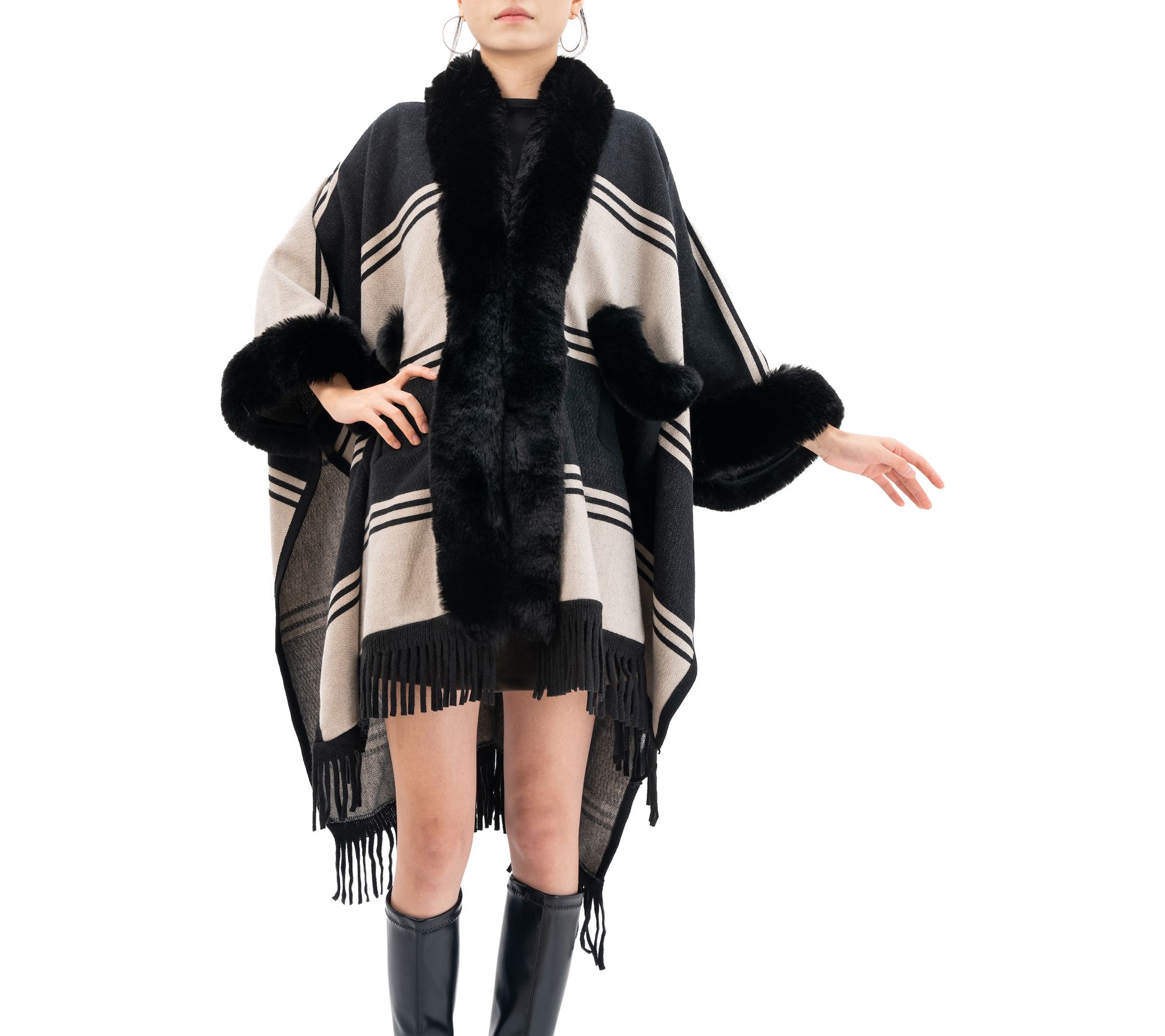Karla Hanson Soft Horizon Faux Fur Ruana with Fringe
