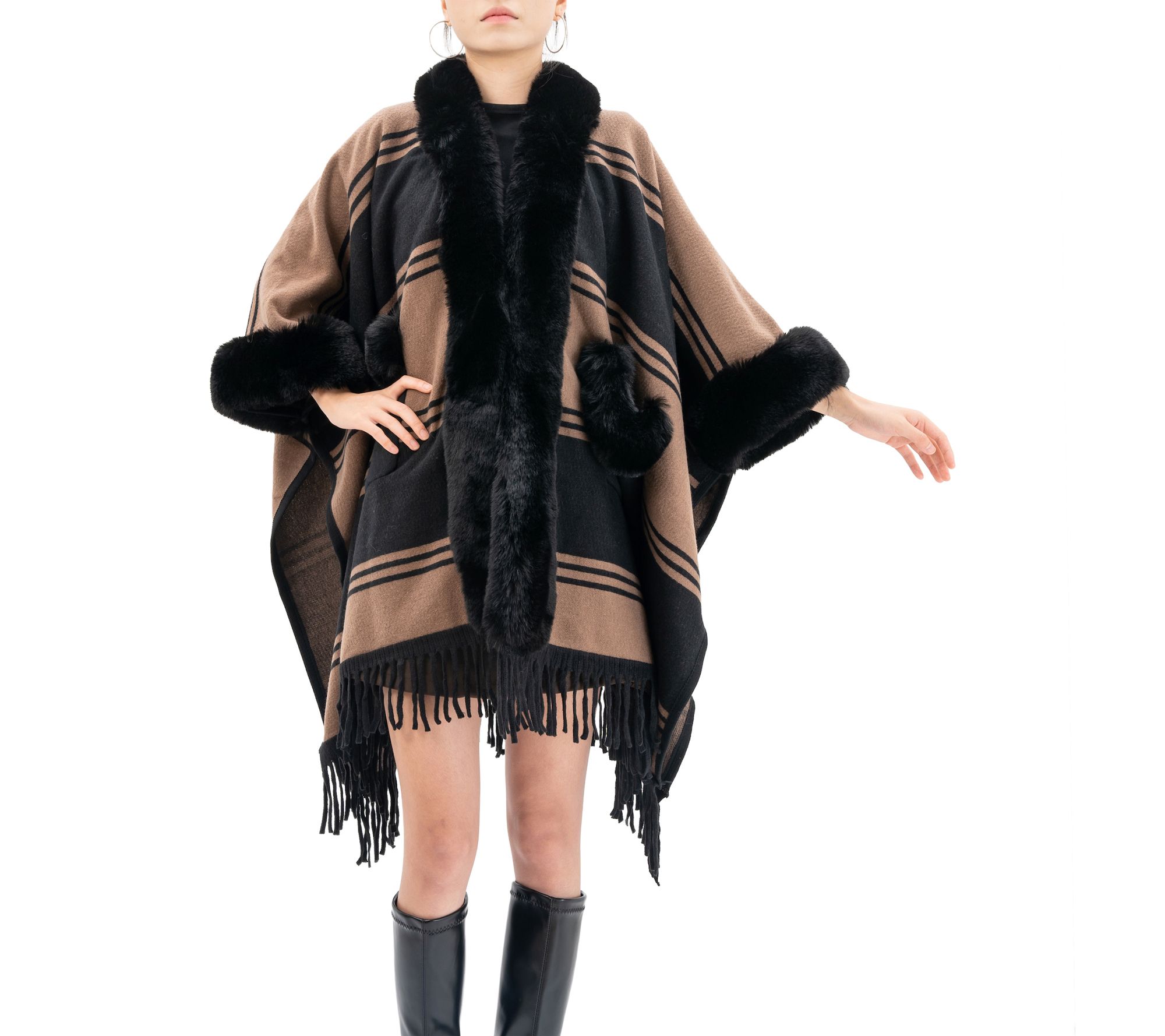 Karla Hanson Soft Horizon Faux Fur Ruana with Fringe