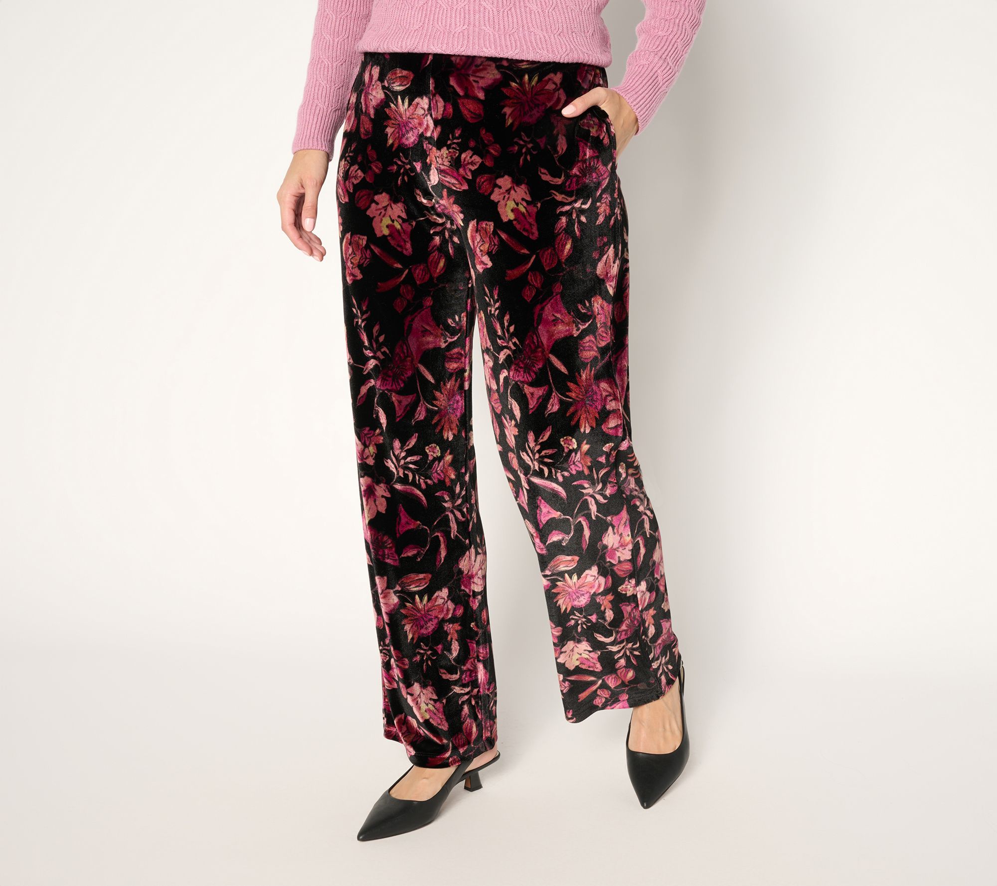 "As Is" Susan Graver Petite Printed Stretch Velvet Pull-On Wide Leg Pants