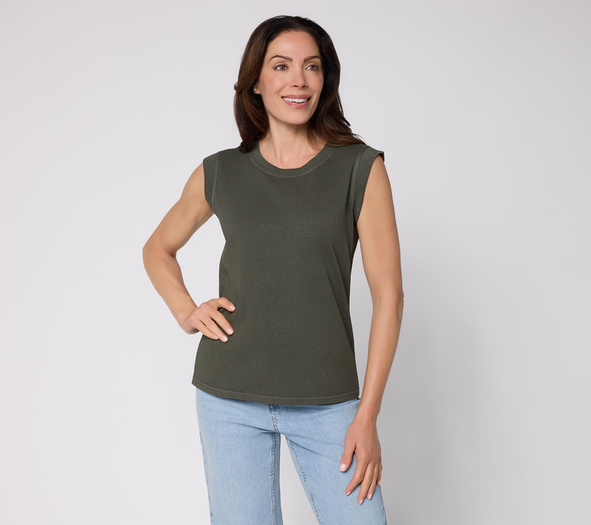AnyBody Washed Cotton & Rib Mixed Extended Shoulder Tee