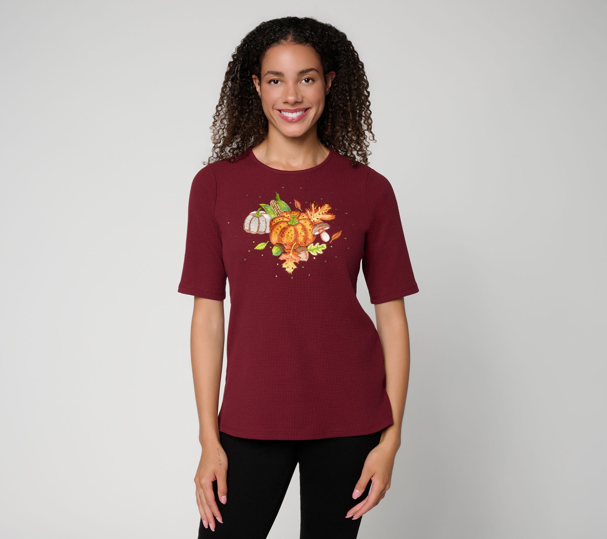 Quacker Factory Fall Fling Waffle Knit Elbow Sleeve Top