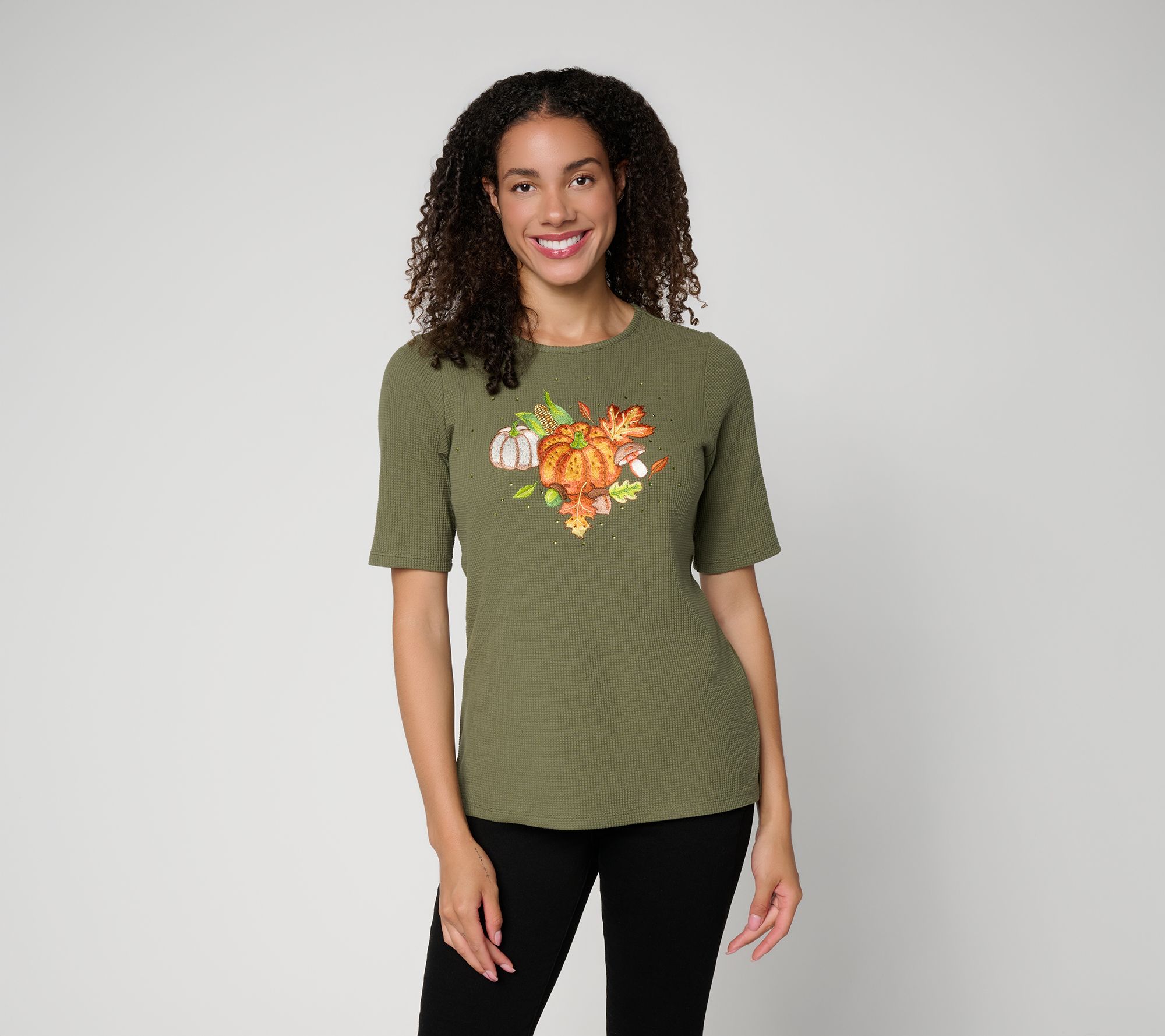 Quacker Factory Fall Fling Waffle Knit Elbow Sleeve Top