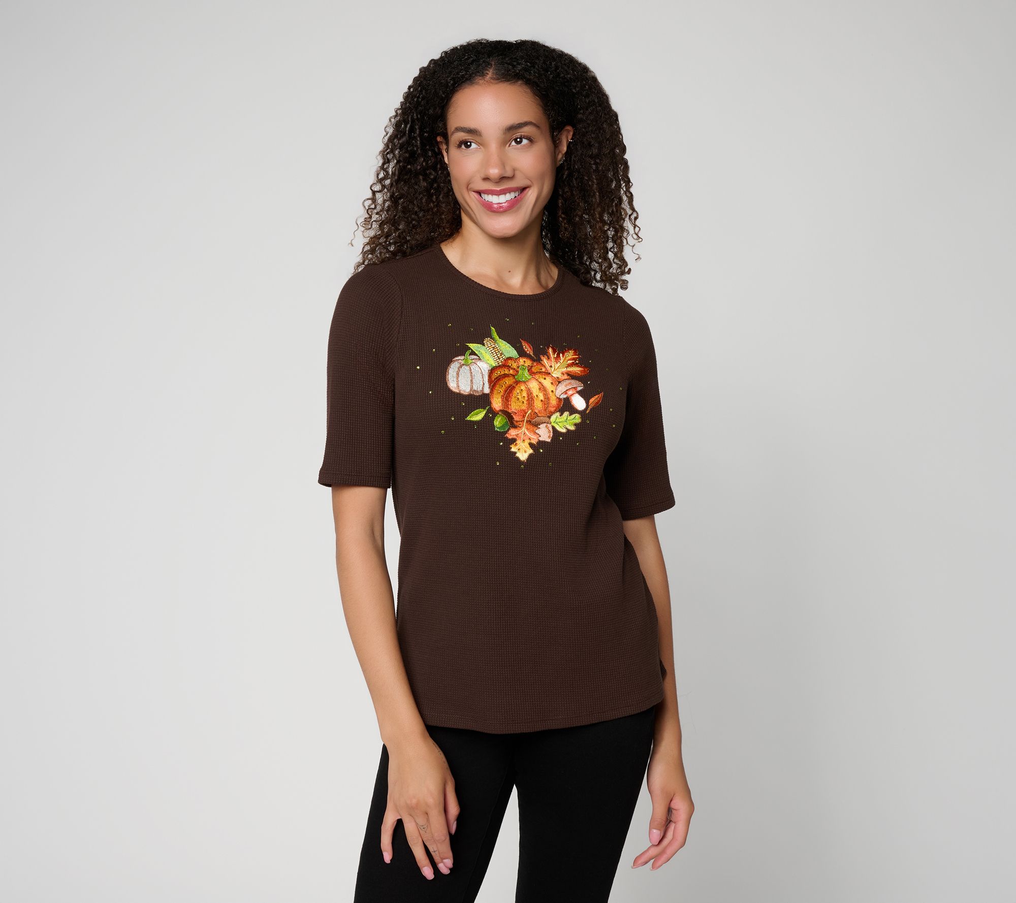 Quacker Factory Fall Fling Waffle Knit Elbow Sleeve Top