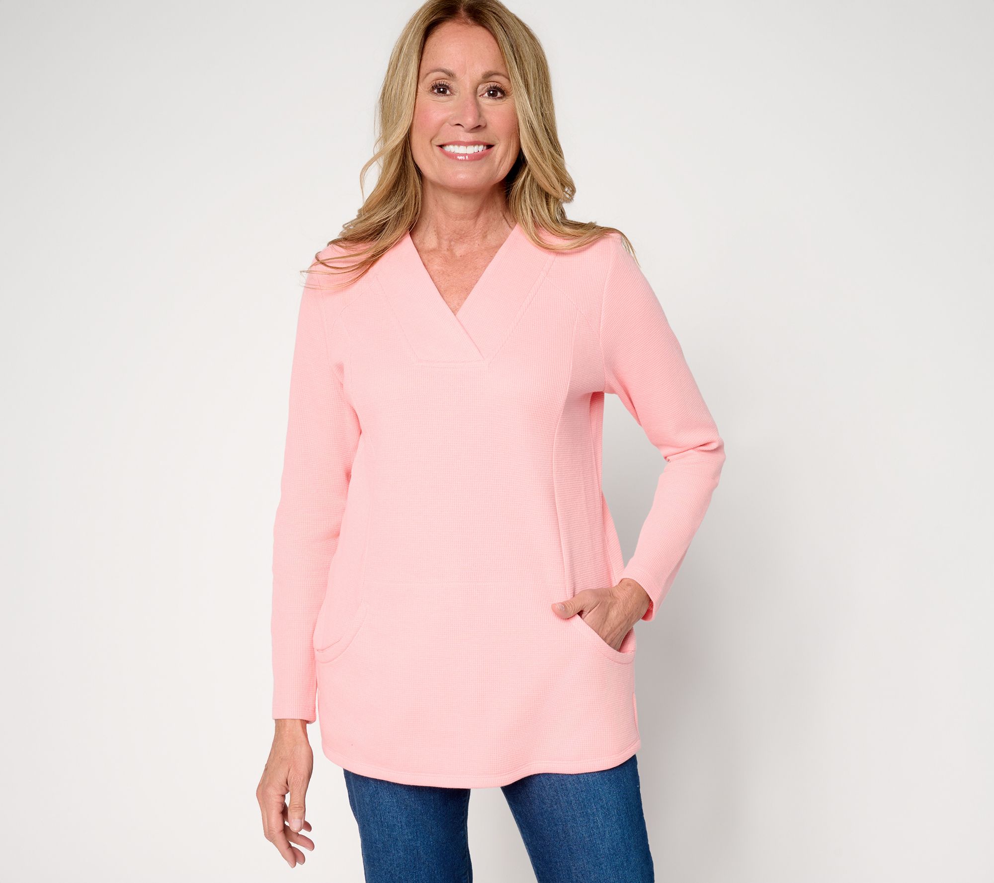 "As Is" Denim & Co. Petite Waffle Knit Crossover V-Neck Tunic